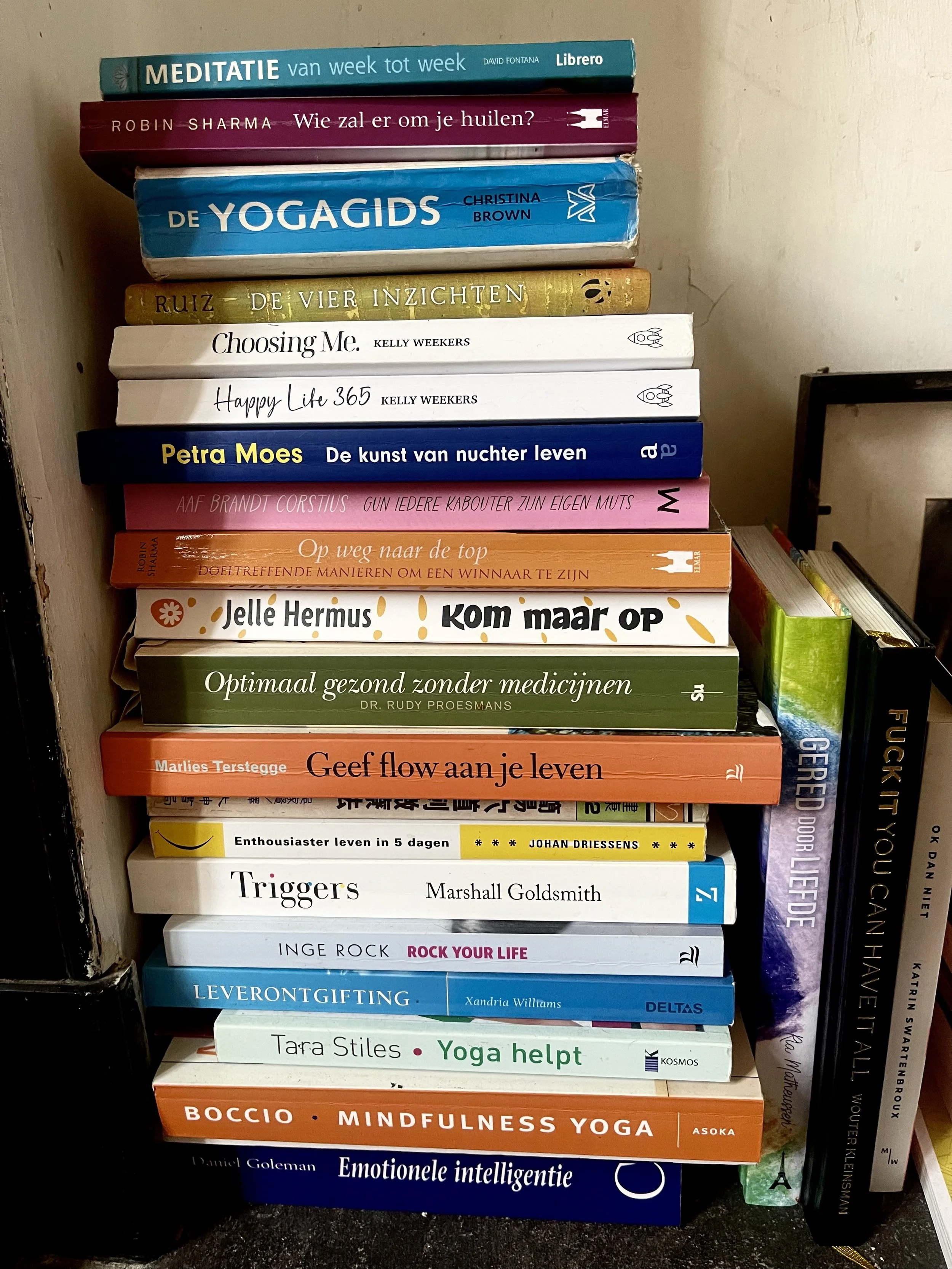 Een stapel boeken op een plank, met titels over mindfulness, yoga, zelfhulp en gezondheid, in verschillende kleuren en lay-out.