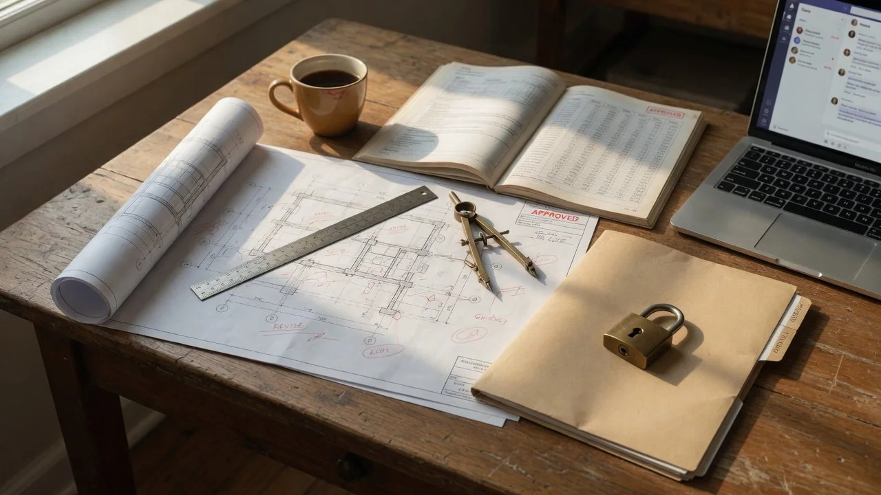 Civil engineer's desk with plan drawings, a stamped report, and a padlocked folder beside a laptop showing Microsoft Teams.