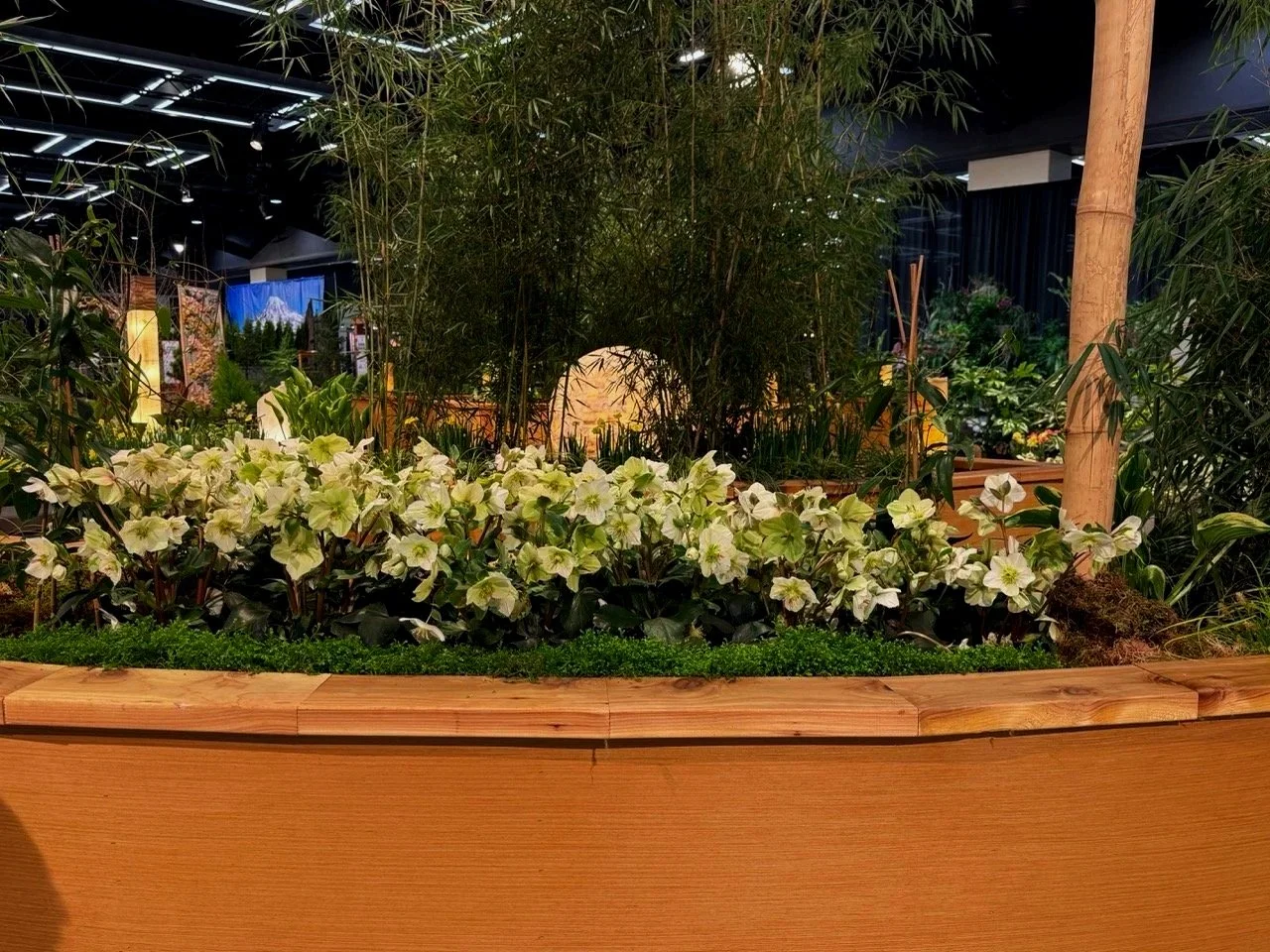 White flowers and plants in a planter box for Snohomish Washington landscape designer installation.