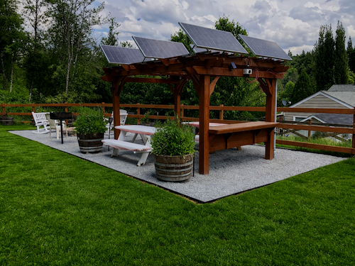 Gazebo design, lawn and gravel areas as part of landscaping construction by a snohomish landscaper.