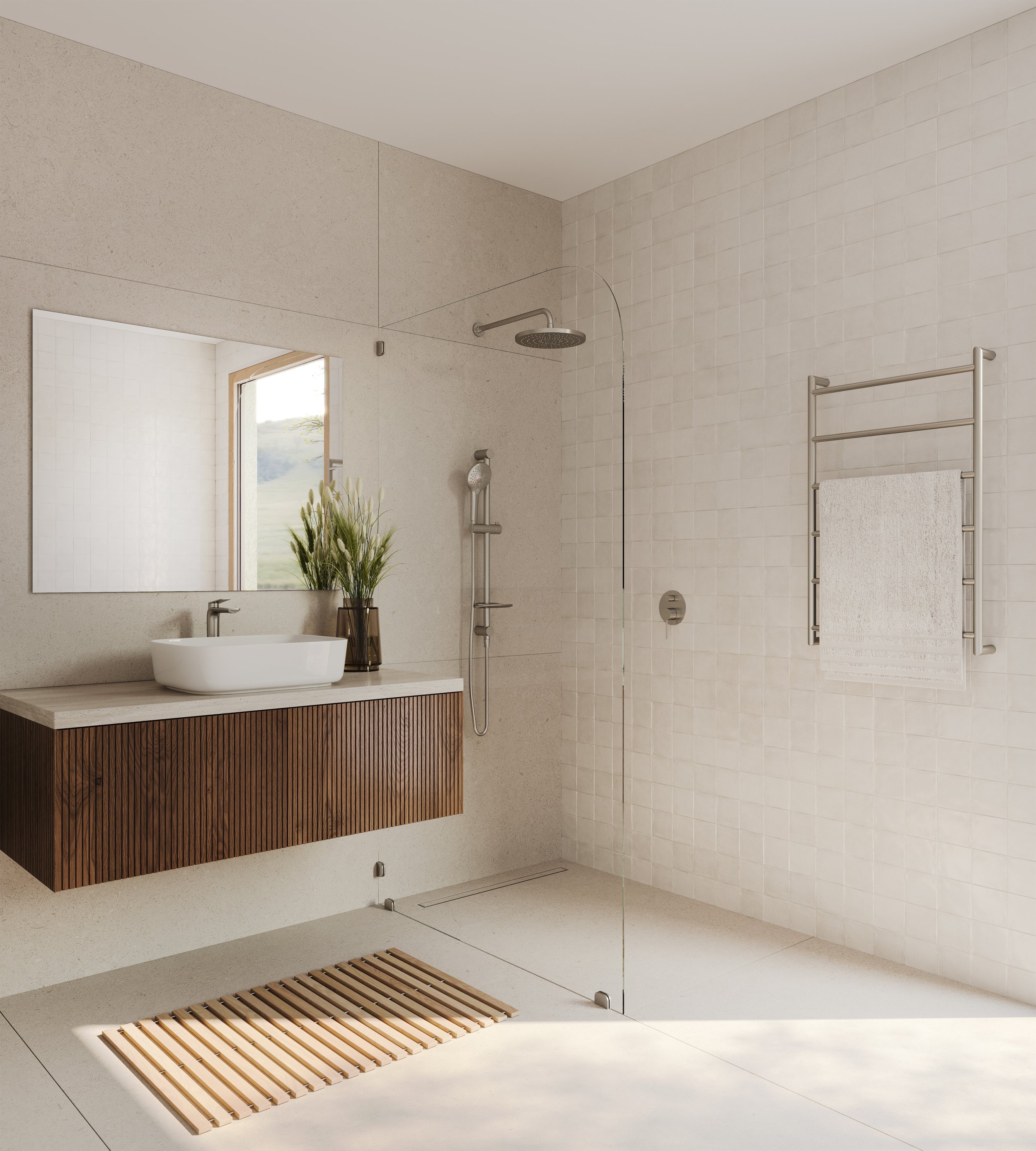 Modern bathroom with a glass shower enclosure, wall-mounted wooden vanity, vessel sink, large mirror, potted plant, heated towel rack, and natural light from a window.