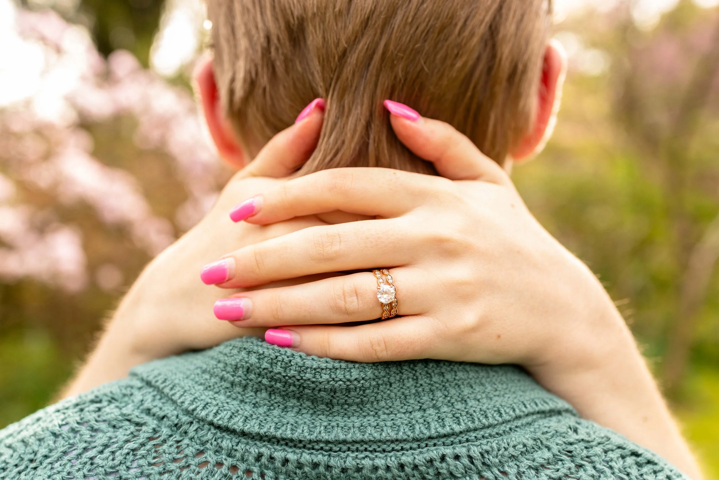 Detail photo of engagment and wedding rings - couple's engagement photo taken by Jennifer Fulton Photography in Ewing, NJ