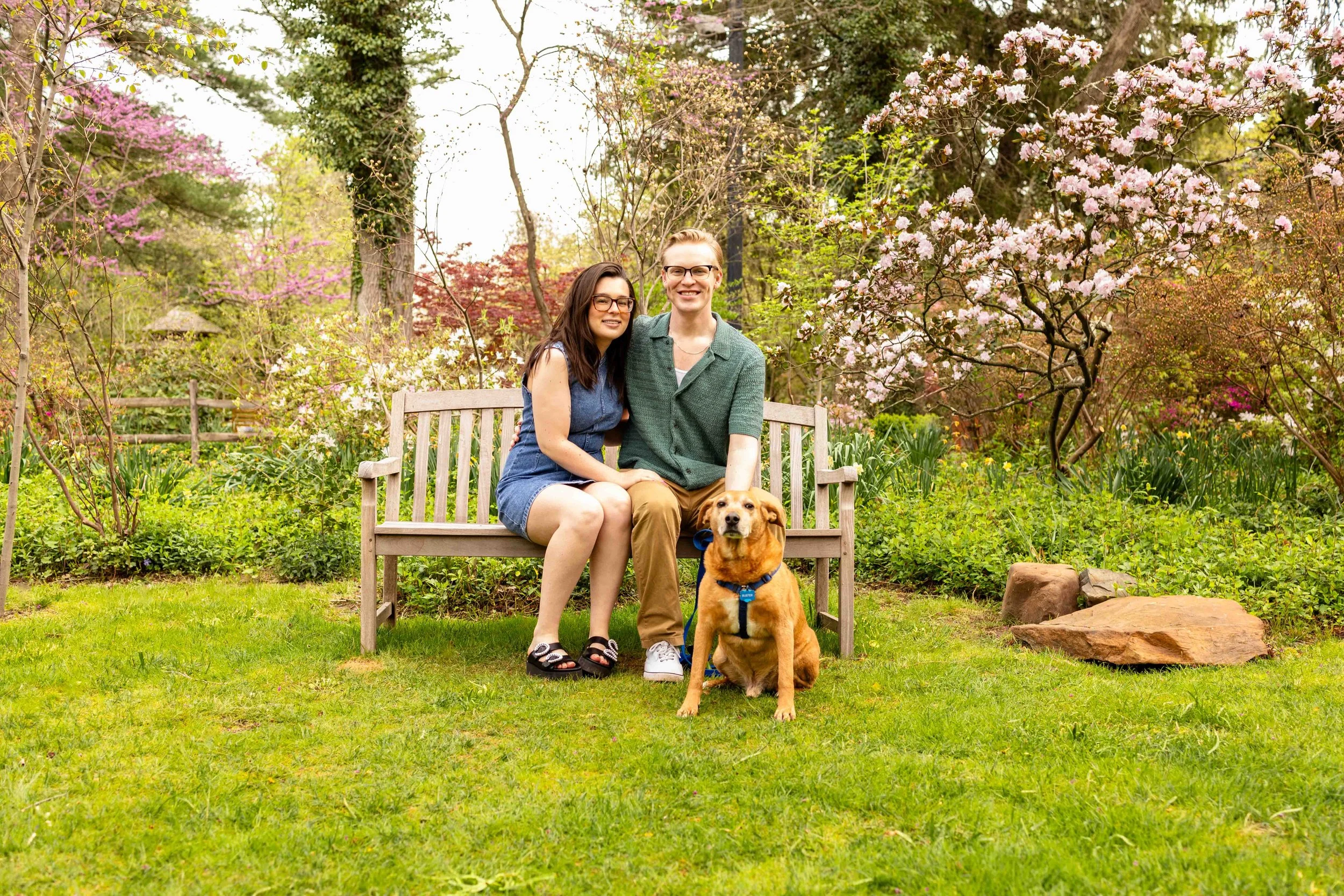 A young couple sits on a bench in a garden with their dog - couple's engagement portrait taken by Jennifer Fulton Photography in Central New Jersey