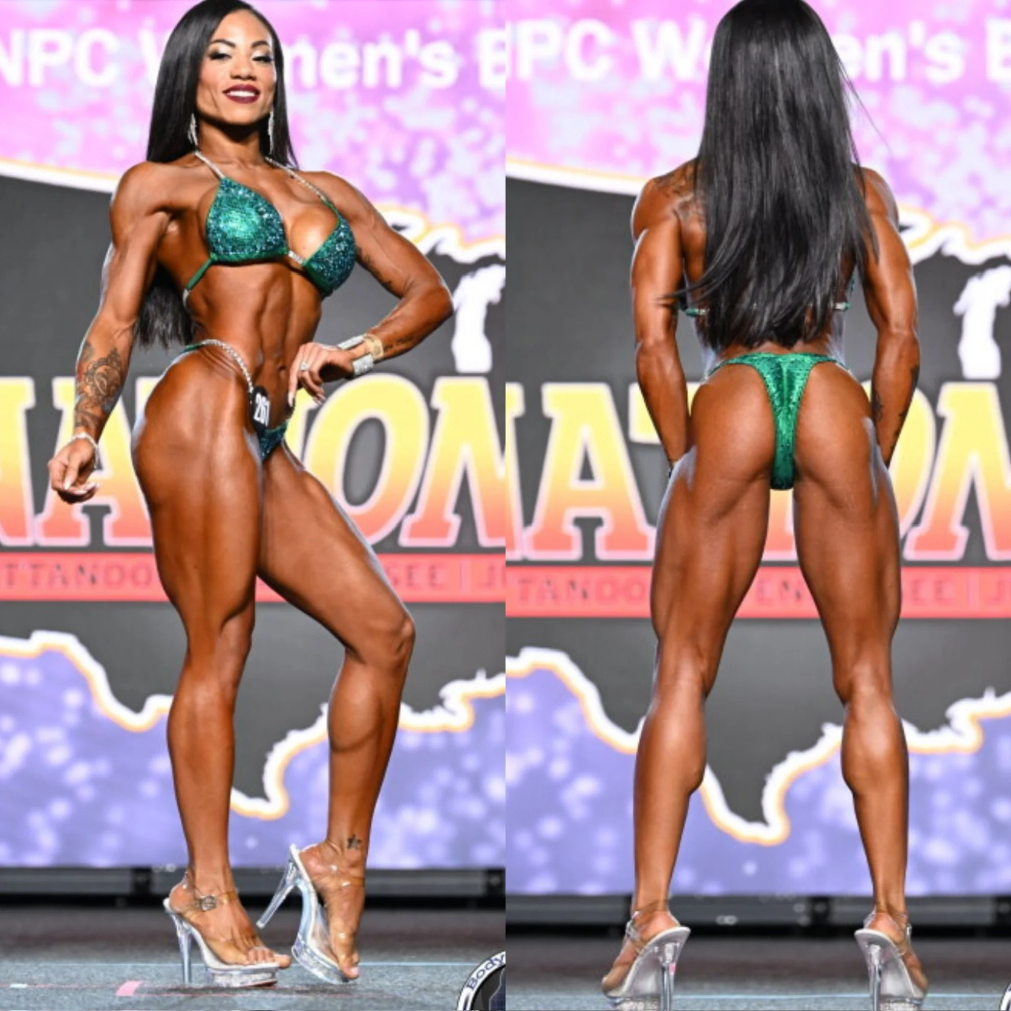 Female bodybuilder on stage wearing a green bikini, posing from the front and back, showcasing muscular physique and wearing clear high heels. NPC Women's competition banner in the background.