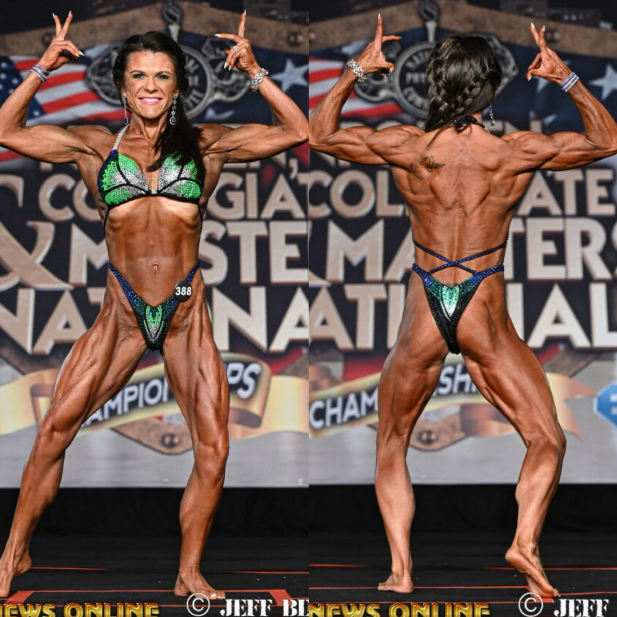 A bodybuilder in a competition posing in front of a championship backdrop, wearing a green and blue bikini, showcasing muscle definition.