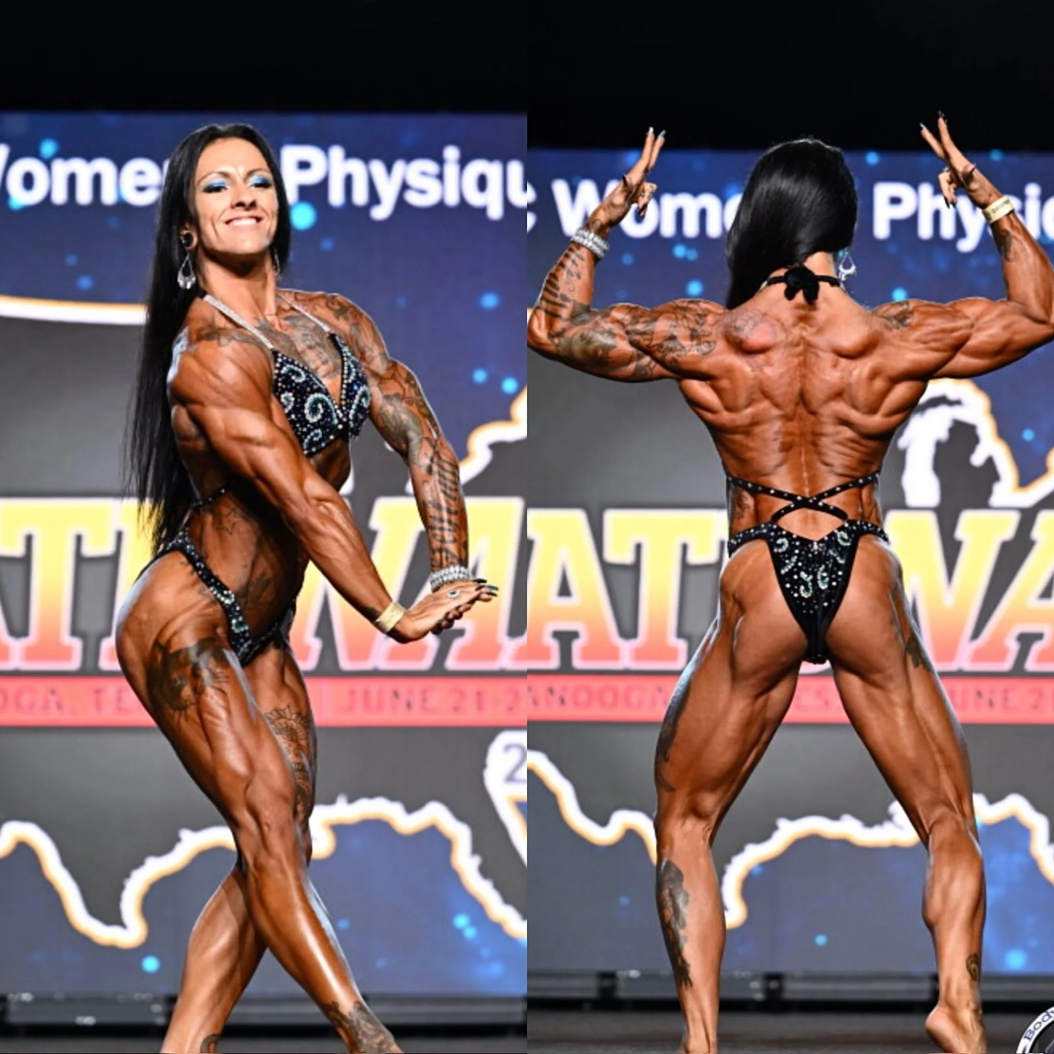 Female bodybuilder posing on stage in competition