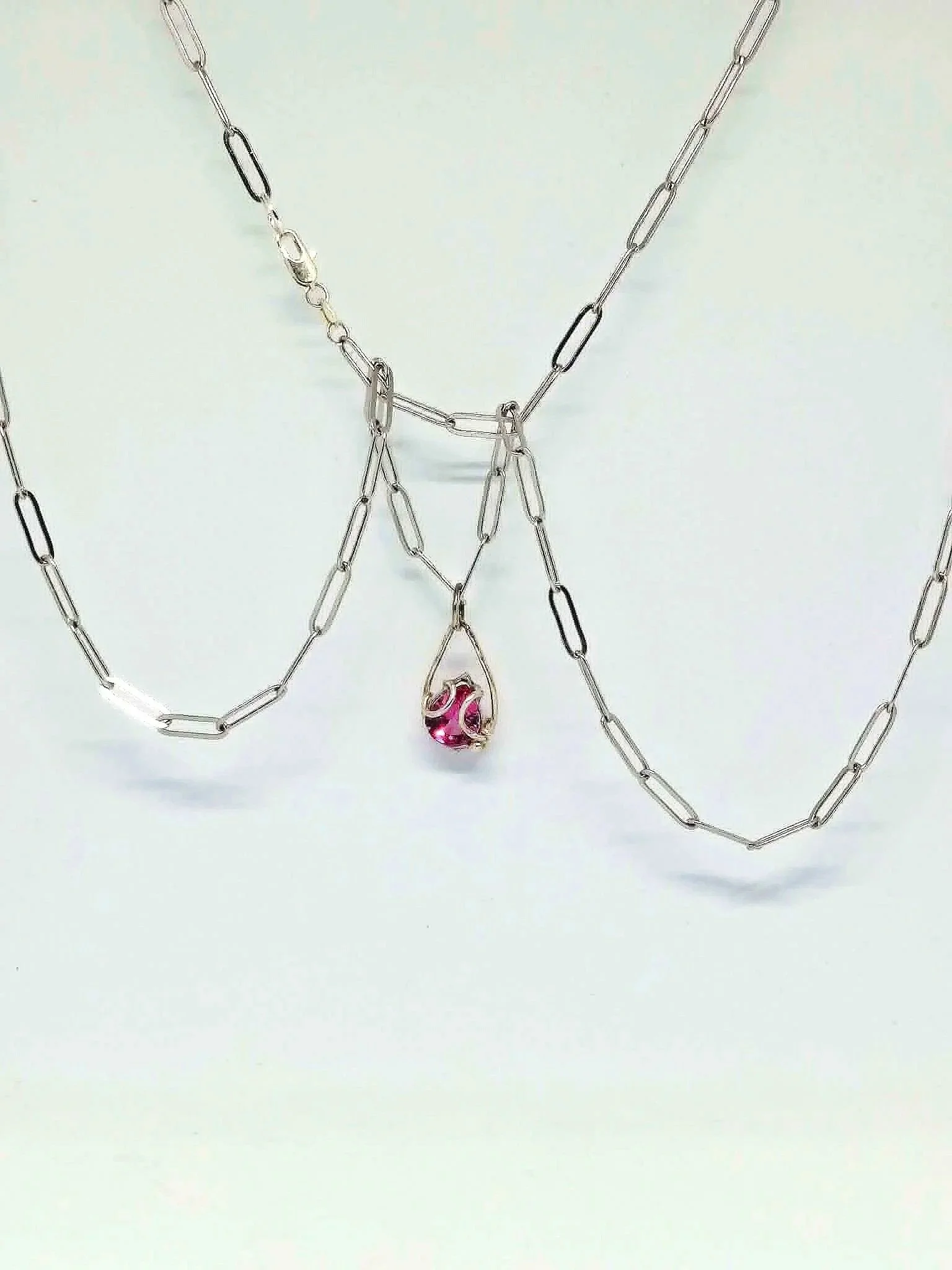 Pink Ruby Petite Pendant and Paper Clip Silver Chain