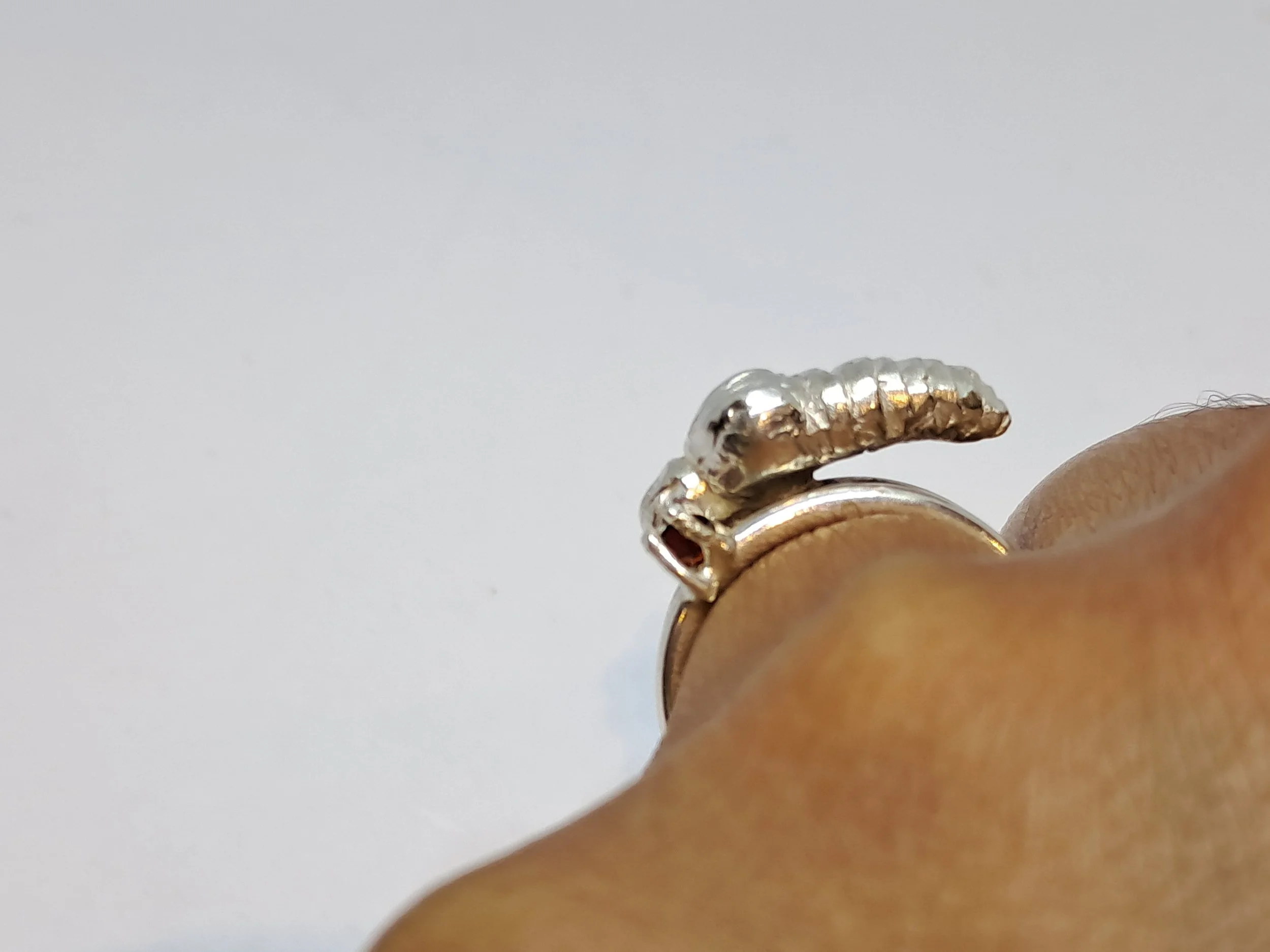 Close-up of a hand wearing a silver ring with a coiled design, against a plain white background.