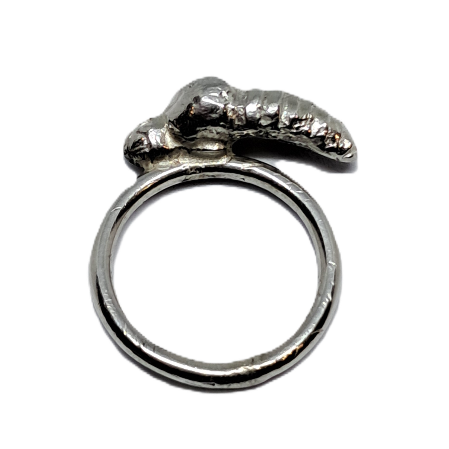 Silver ring with a detailed dinosaur head design on top, placed on a black background.
