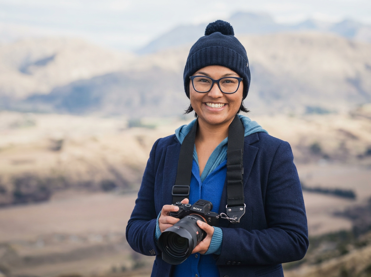 A woman with glasses  a scenic landscape of mountains in the background. Taking photos in Queenstown New zealand on coronet peak