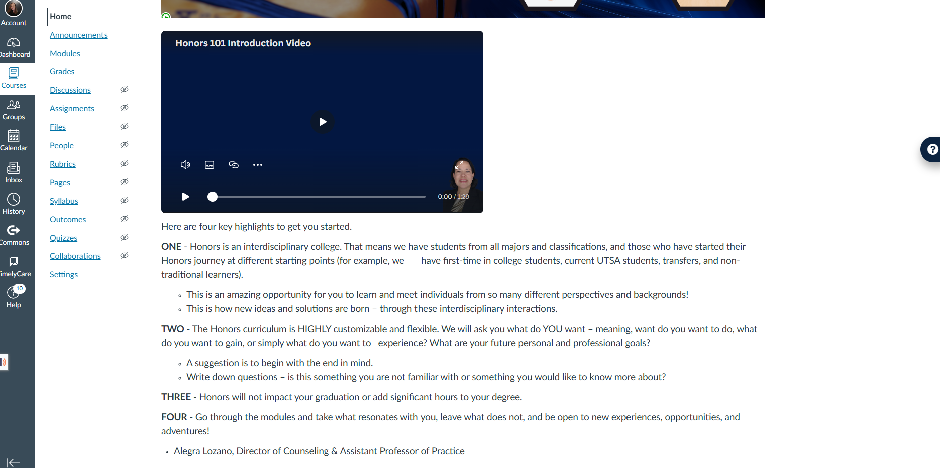 Screenshot of the middle of the home page for the Honors 101 Course showing new visuals.