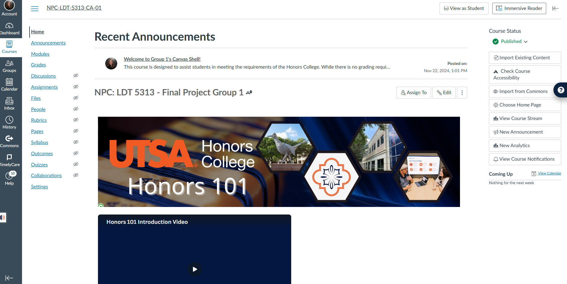 Screenshot of the home page of the Honors 101 Course that shows updated banner.