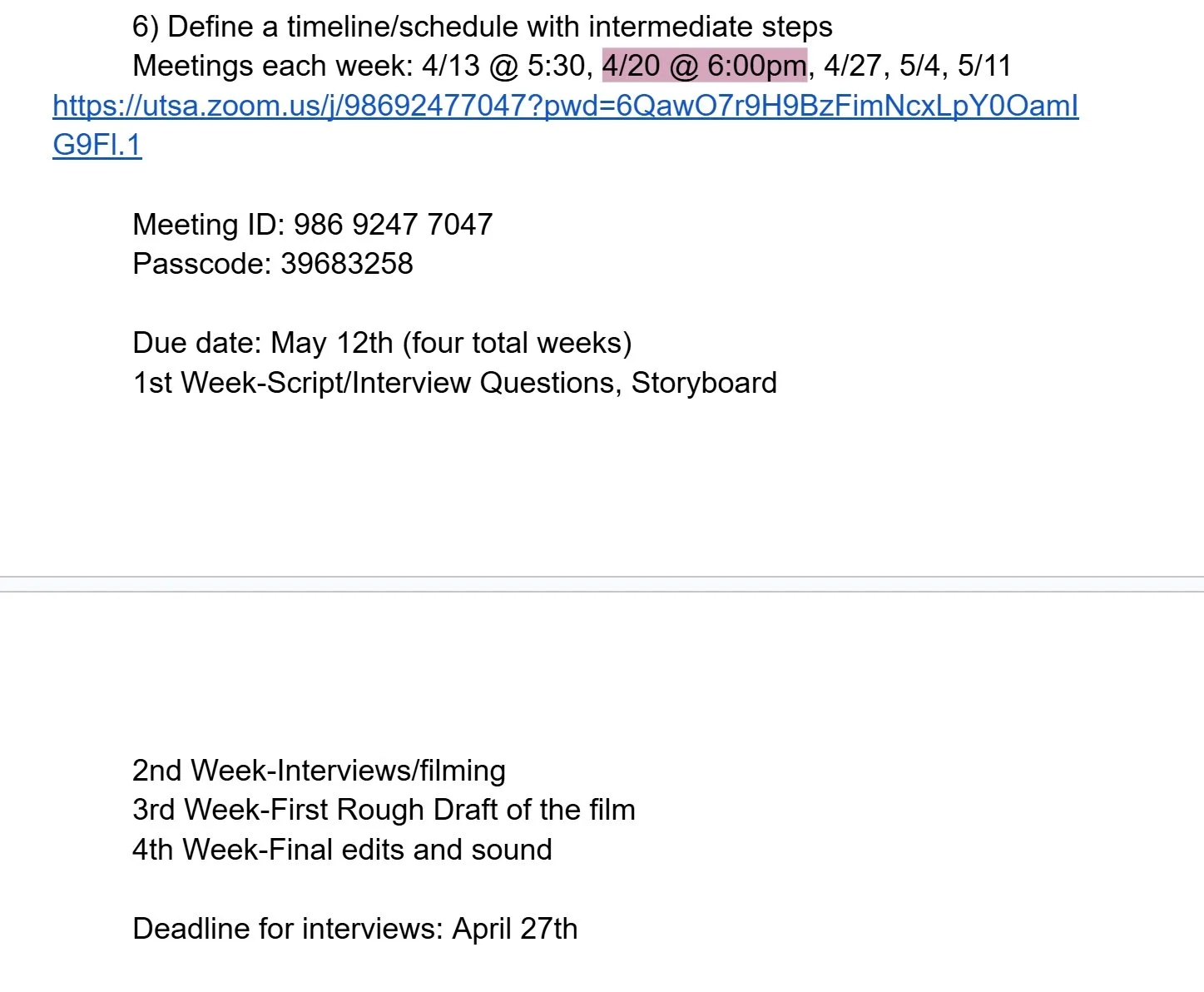 Timeline of the project