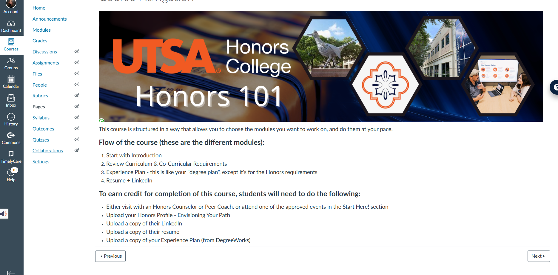 Screenshot of the navigation explanation for students.
