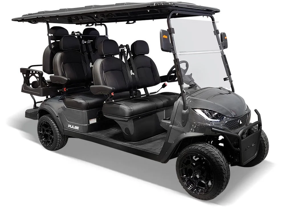Gray golf cart with four rows of black seats, steering wheel, and a clear windshield.