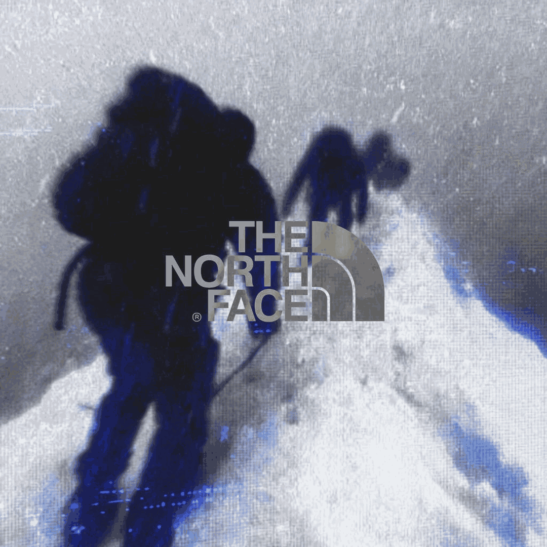 A person hiking in snow with mountain gear, carrying a backpack and walking poles, overlaid with The North Face logo.
