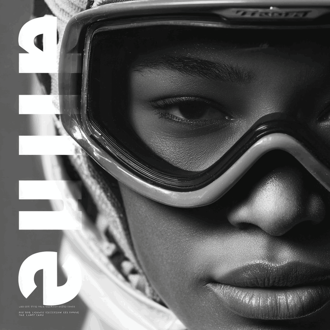 Close-up of a woman's face wearing ski goggles, with bold white text 'STYLE' vertically aligned on the left side in a black and white photo.