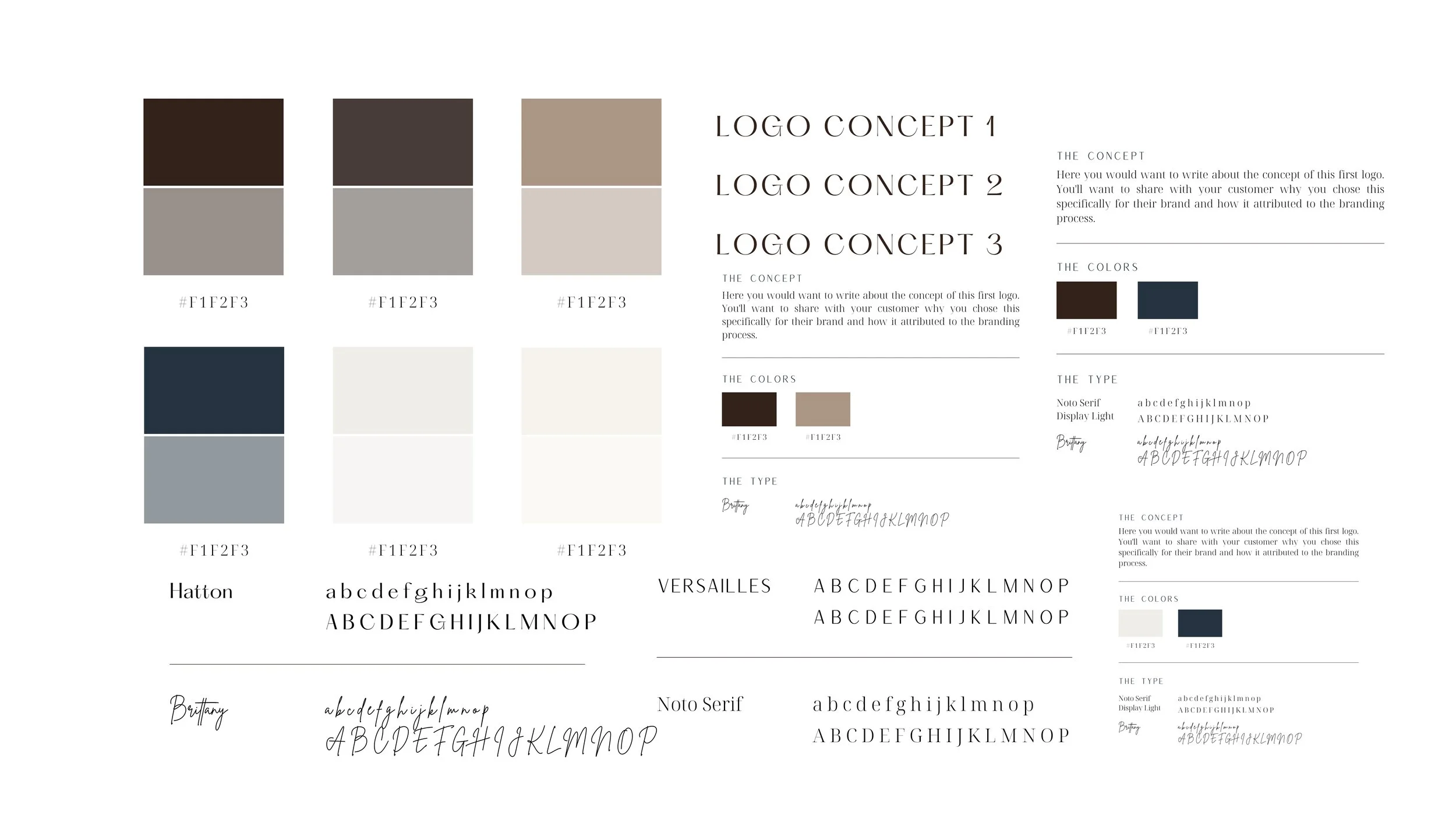 Graphic layout showing various logo concepts, color palettes, and font styles. Includes several color swatches with hex codes, such as brown and gray tones, and typography examples using different fonts like Brittany and Noto Serif. Descriptive text sections discuss logo concepts and brand attributes.