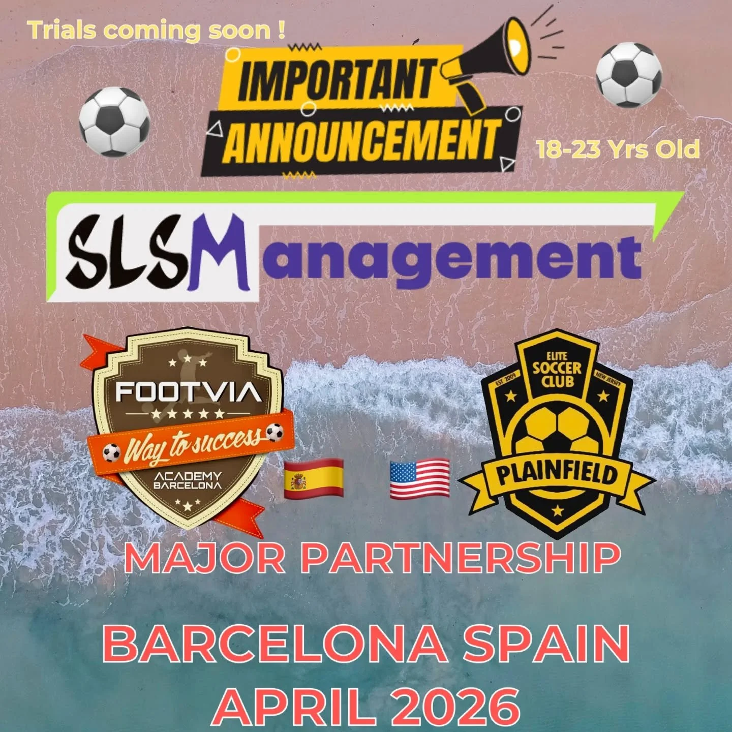 Major Announcement! We have partnered with @footvia as their American partner to bring major opportunities to 18-23 year old soccer players! We will have programs where the players will get a chance to have trials with official clubs in Barcelona Spa