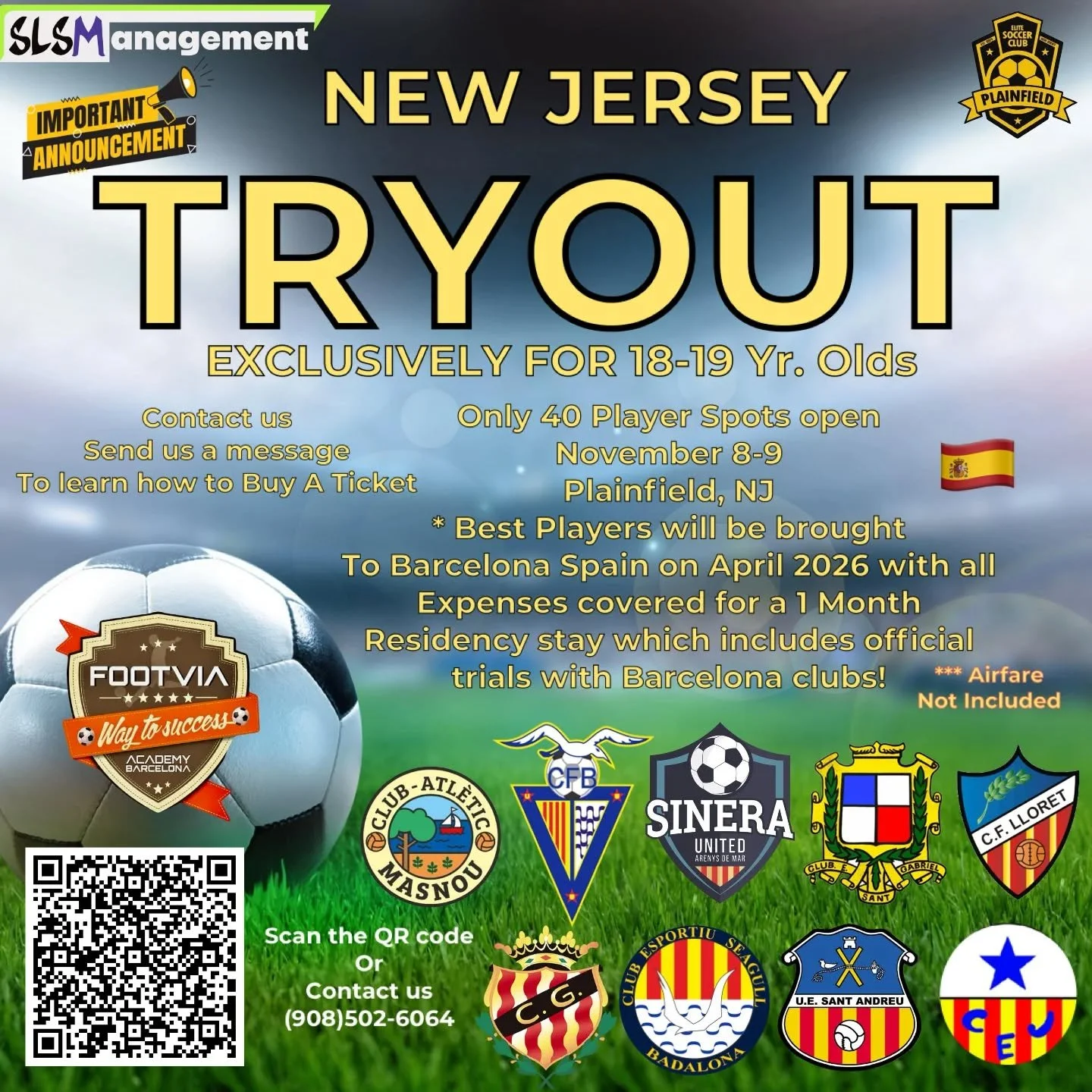 In collaboration with Elite Soccer Club Plainfield we are opening the first tryouts exclusively for 18-19 year olds for a chance at a month-long residency program in Spain that includes trials with clubs in Barcelona in April 2026.

Tryouts will be h