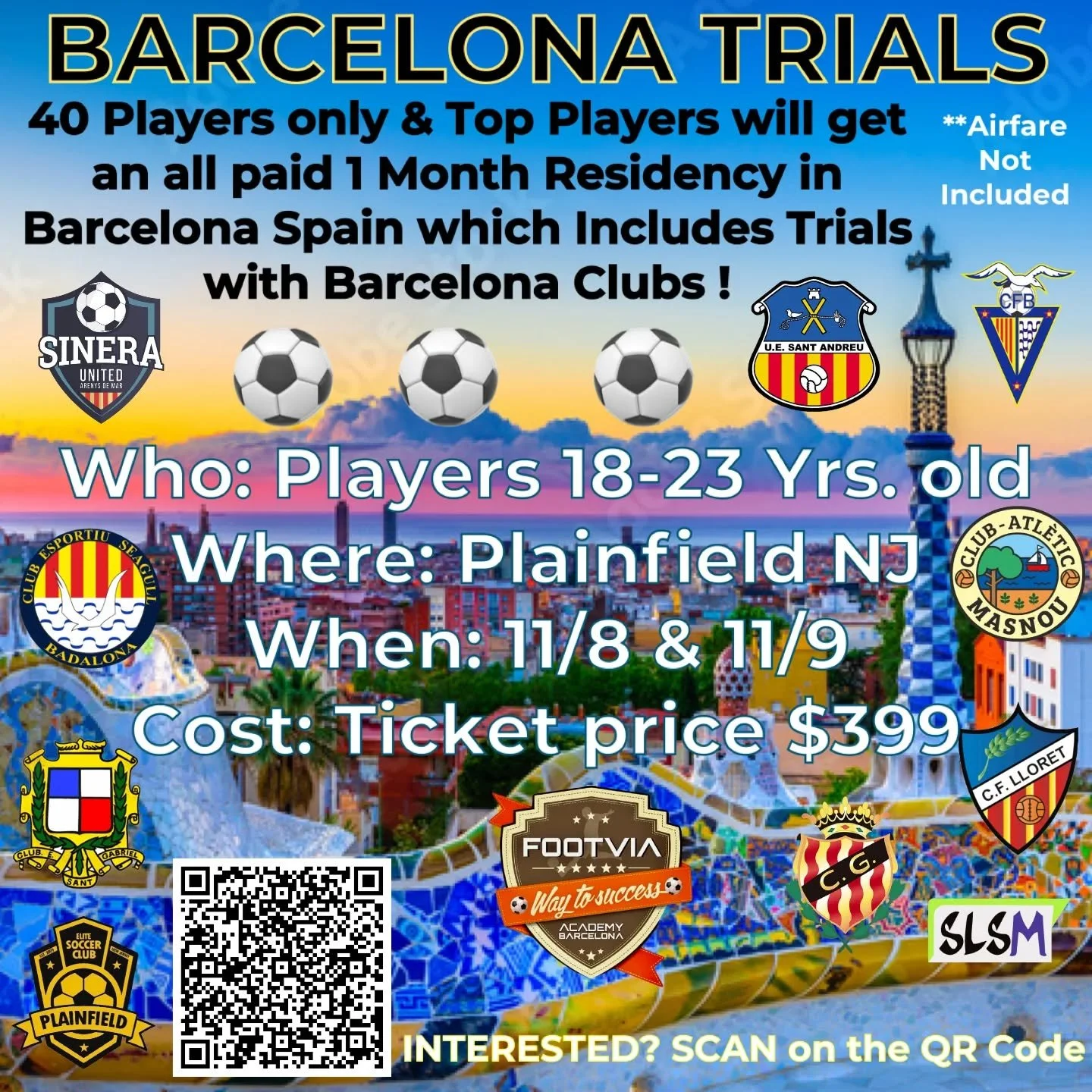 Come to our tryouts/trials open to 18-23 year olds! Fill out the interest form and keep in mind that the minimum players for this opportunity is 15 while the maximum we will allow is 40! 
Invest $399 for a chance at an all paid (excluding airfare) 1 