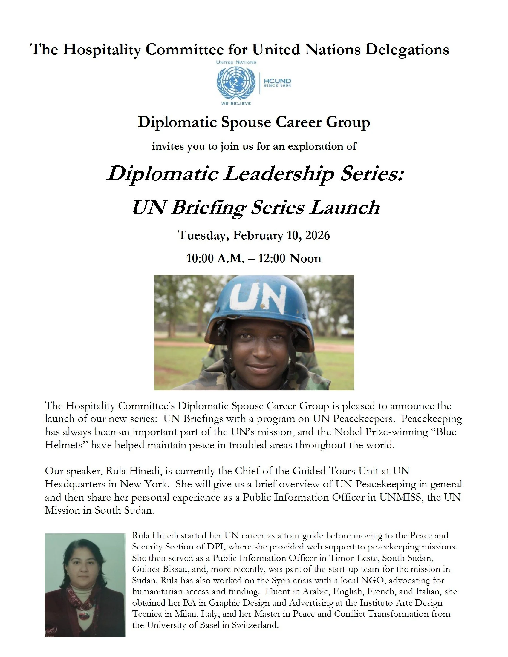 Diplomatic Spouse Career Group Diplomatic Leadership Series: UN Briefing Series - UN Peacekeepers with Rula Hinedi