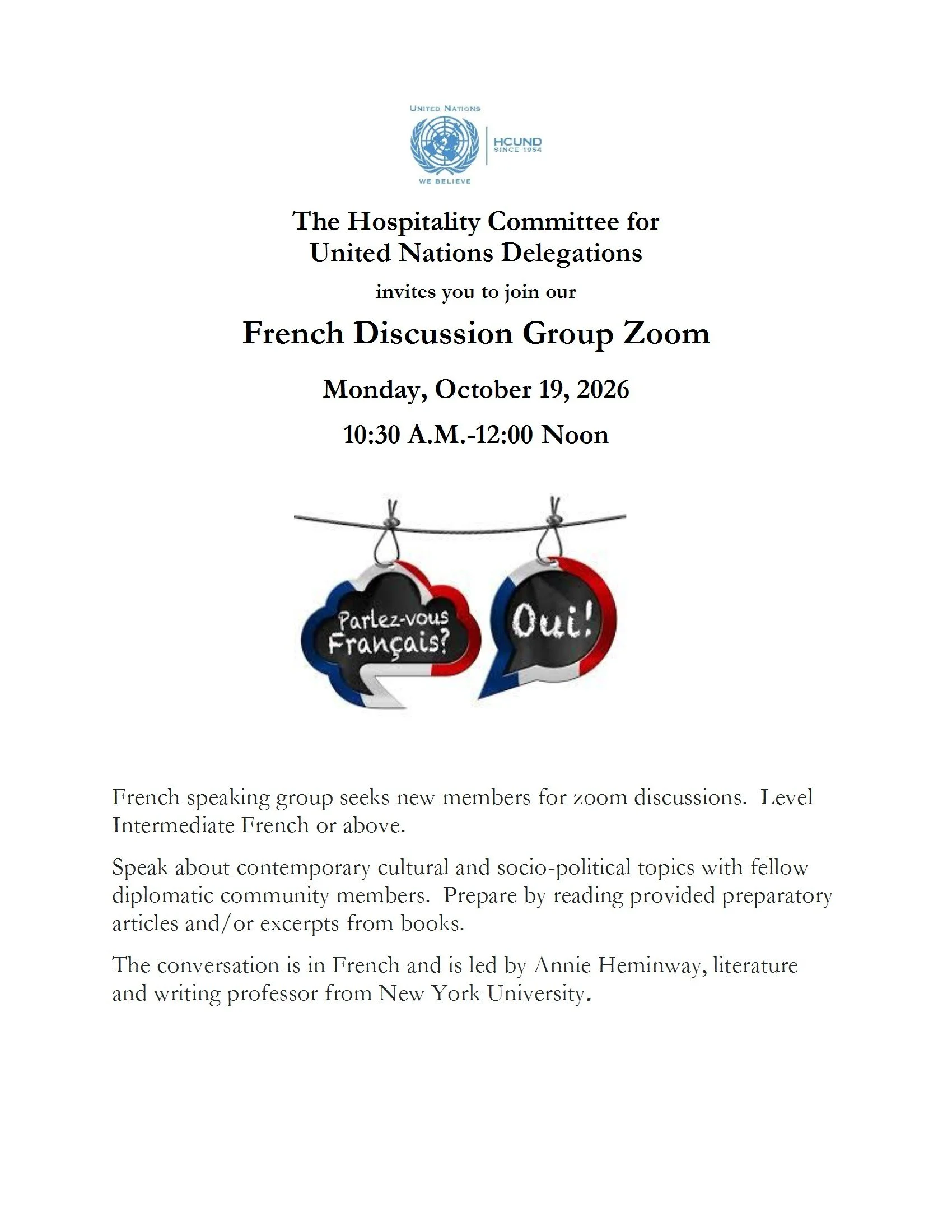 French Discussion Group (Zoom) HCUND Coordinator: Susan Barniker 