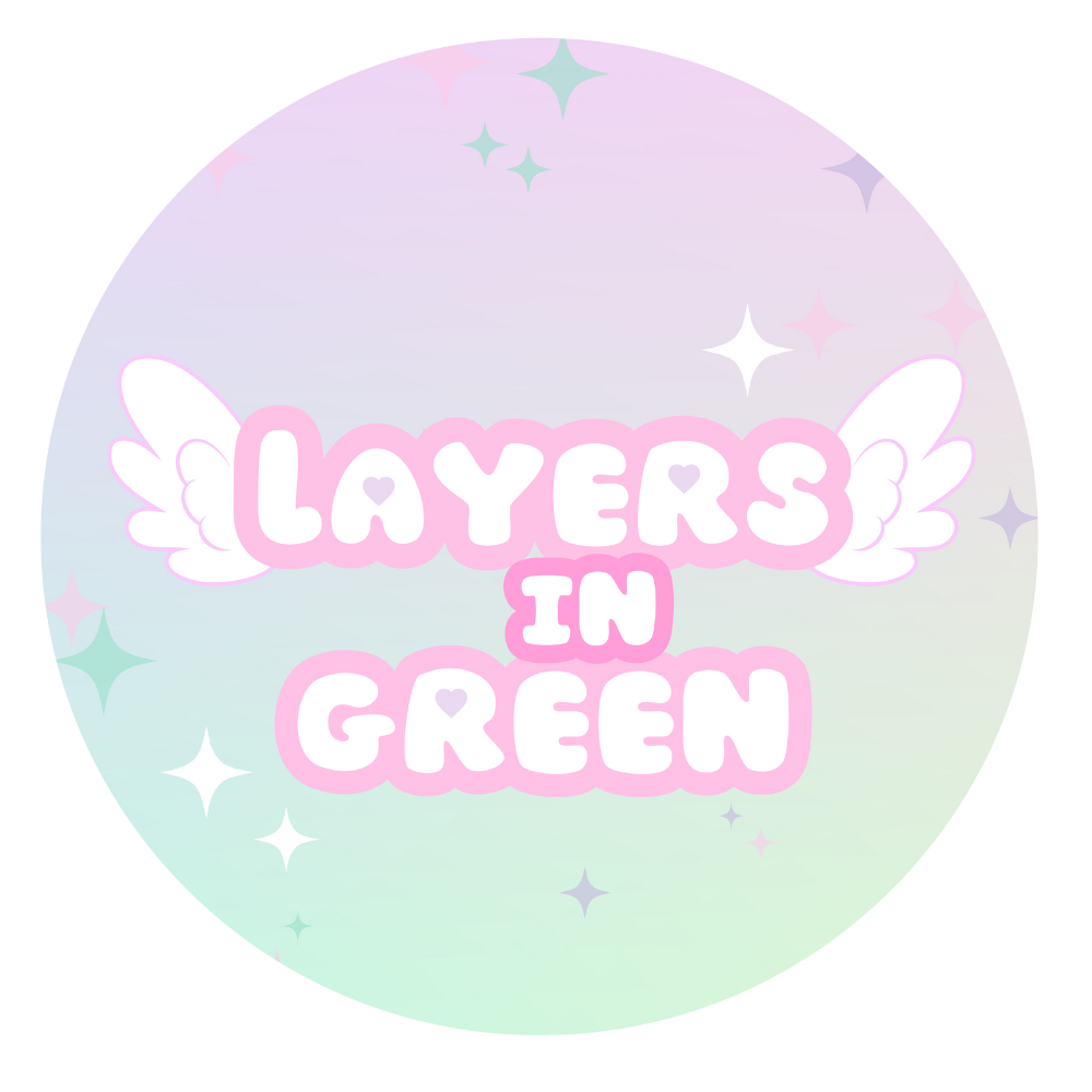 Layers in Green logo – pastel gradient circular badge with kawaii-style white wings, sparkling star accents, and bold pink-outlined text, representing official Layers in Green 3D branding.