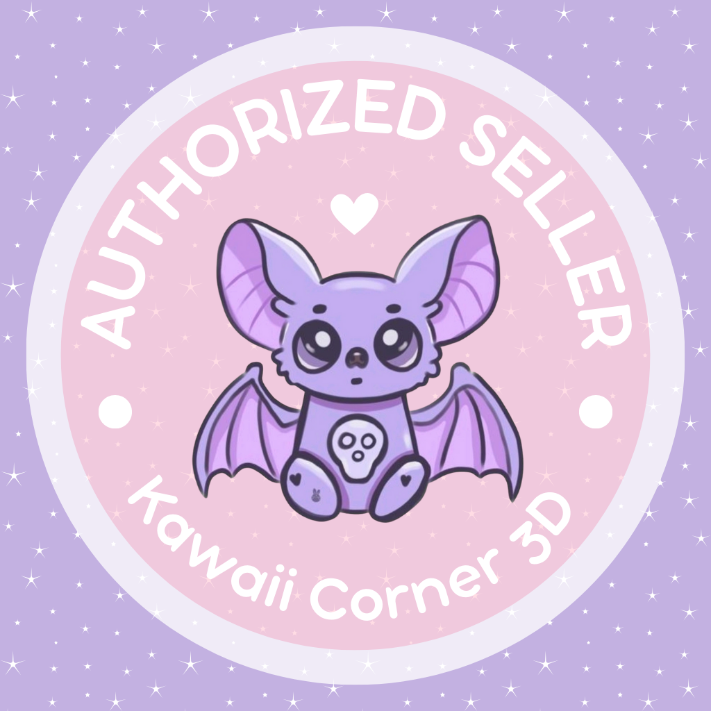 Kawaii Corner 3D Authorized Seller badge – pastel purple and pink circular logo with a cute chibi bat illustration, heart and star accents, representing official Kawaii Corner 3D branding and verified reseller status.