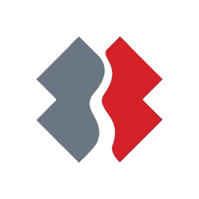 Two interlocking shapes, one gray and one red, forming a symmetrical design.