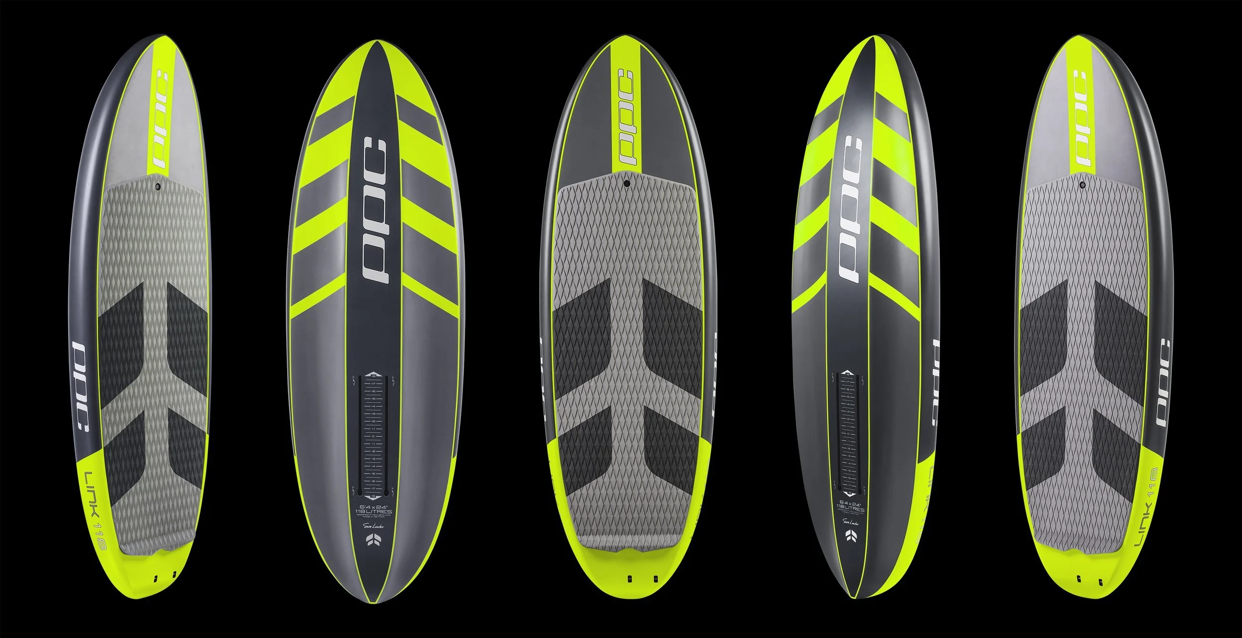 Collection of five modern stand-up paddleboards with yellow and gray design, displayed vertically against a black background.
