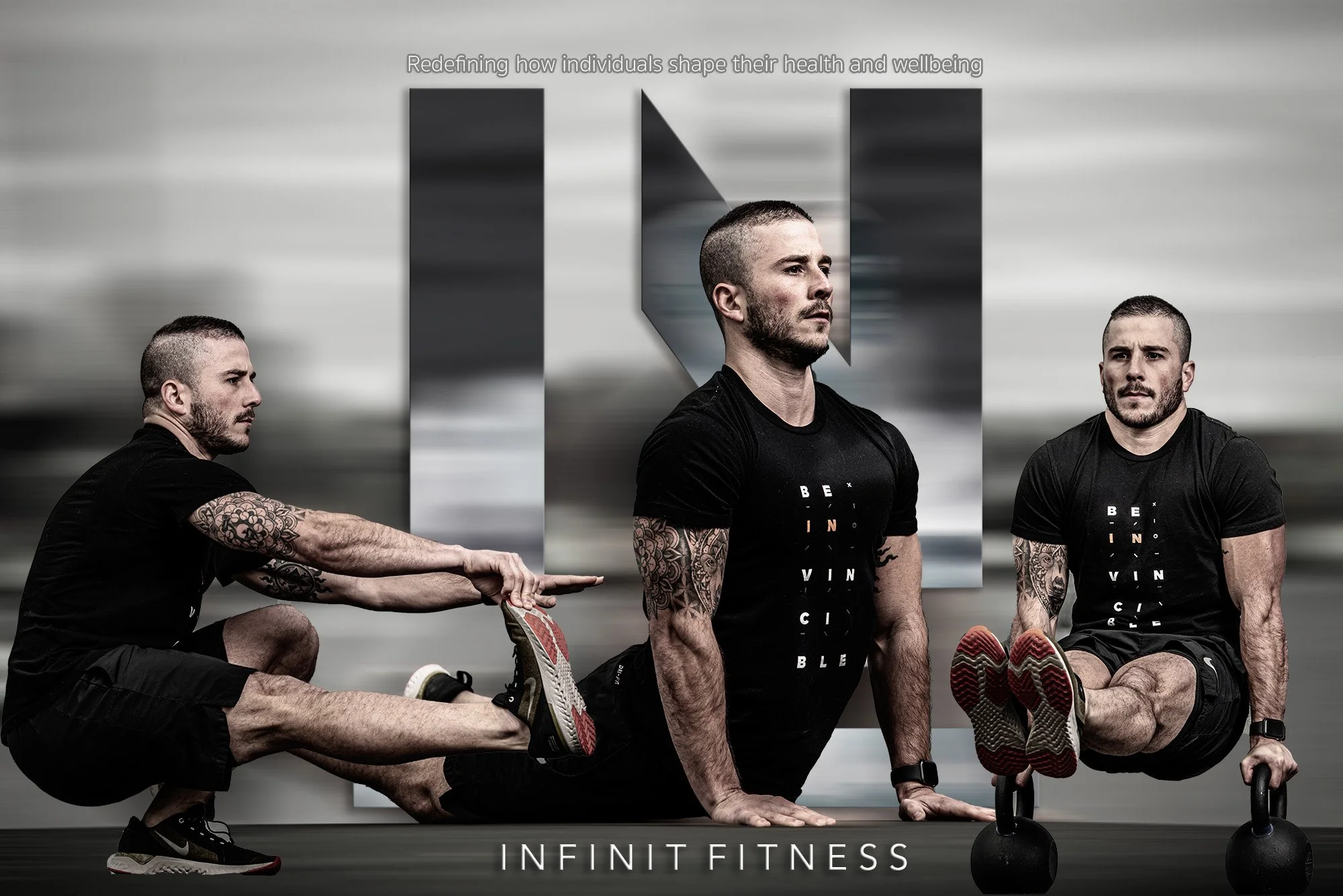 A man performing different exercises, including a squat, an ab workout on kettlebells, and a stretch, wearing a black 'Be Invincible' shirt, with the background featuring the text 'INFINIT FITNESS.'