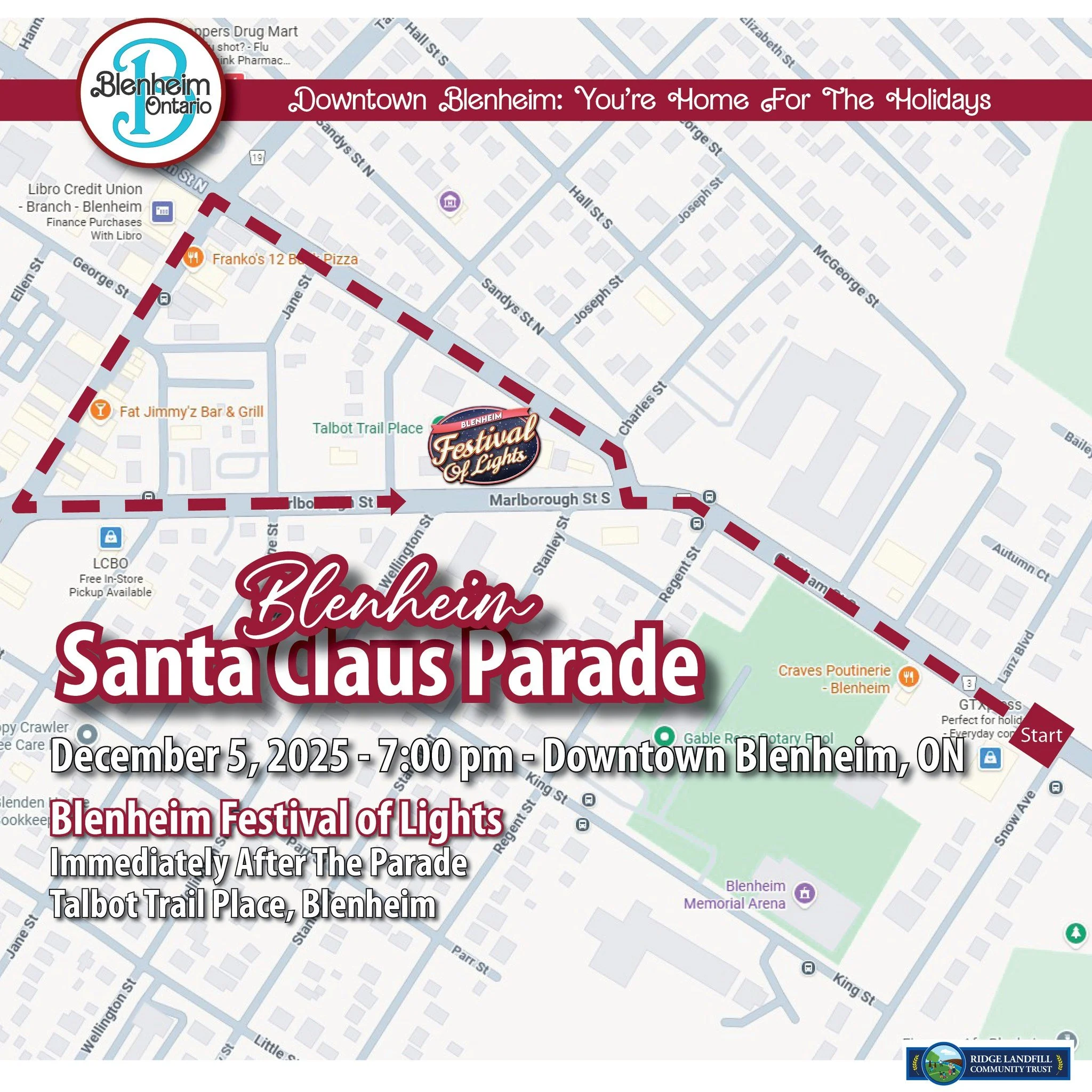 The Blenheim Santa Claus Parade and Festival of Lights 

📅 Date: December 5, 2025
📍 Location: Downtown Blenheim, Ontario
⏰ Time: 7:00 pm
🔗 https://www.blenheimbia.ca/santa-clause-parade

The parade route will travel through downtown Blenheim and c