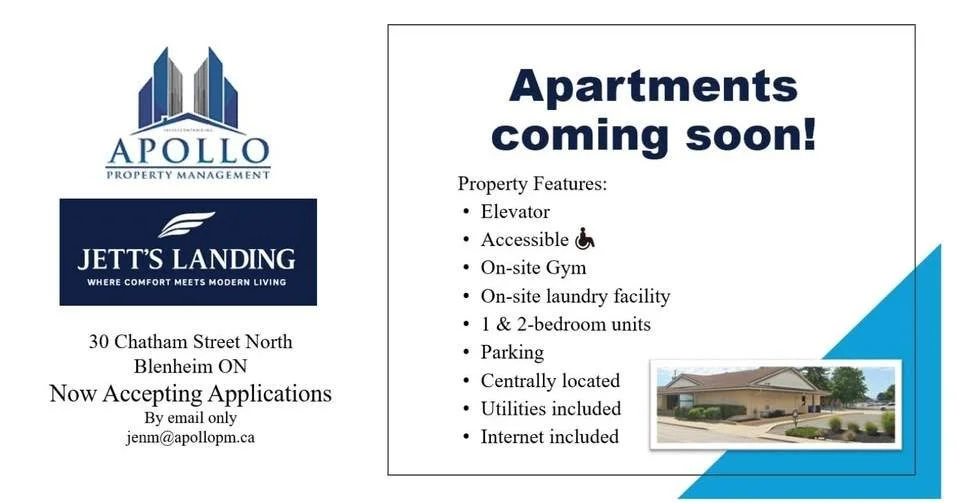 COMING SPRING 2026 TO BLENHEIM
The former medical building at 30 Chatham Street North is being transformed into Jett&rsquo;s Landing &mdash; a stylish, thoughtfully redesigned residential community offering modern, accessible living in the heart of B