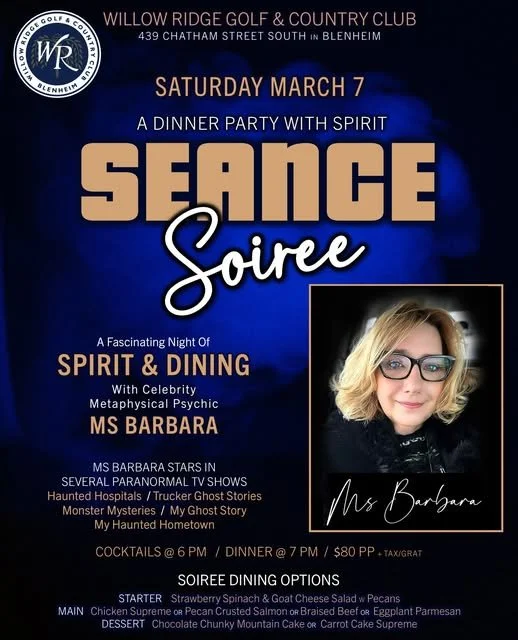 🔮 SEANCE SOIR&Eacute;E 🔮
✨ DINNER S&Eacute;ANCE &amp; PARANORMAL EXPERIENCE ✨ 
A Night with Ms Barbara
Metaphysical Psychic &bull; Spiritual Counselor &bull; Paranormal Enthusiast
Step into an evening where candlelight flickers, shadows dance, and 