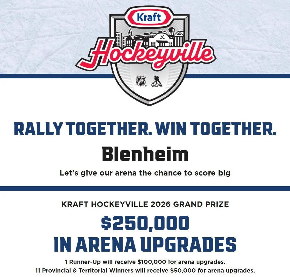 Help the Blenheim Memorial Arena rally for the $250,000 in arena upgrades! 

How to help:
✅ Visit the Hockeyville website: https://hockeyville.kraftheinz.com/community/blenheimmemorialarena/?locale=en
✅ Share your story
✅ Share photos
✅ Share videos
