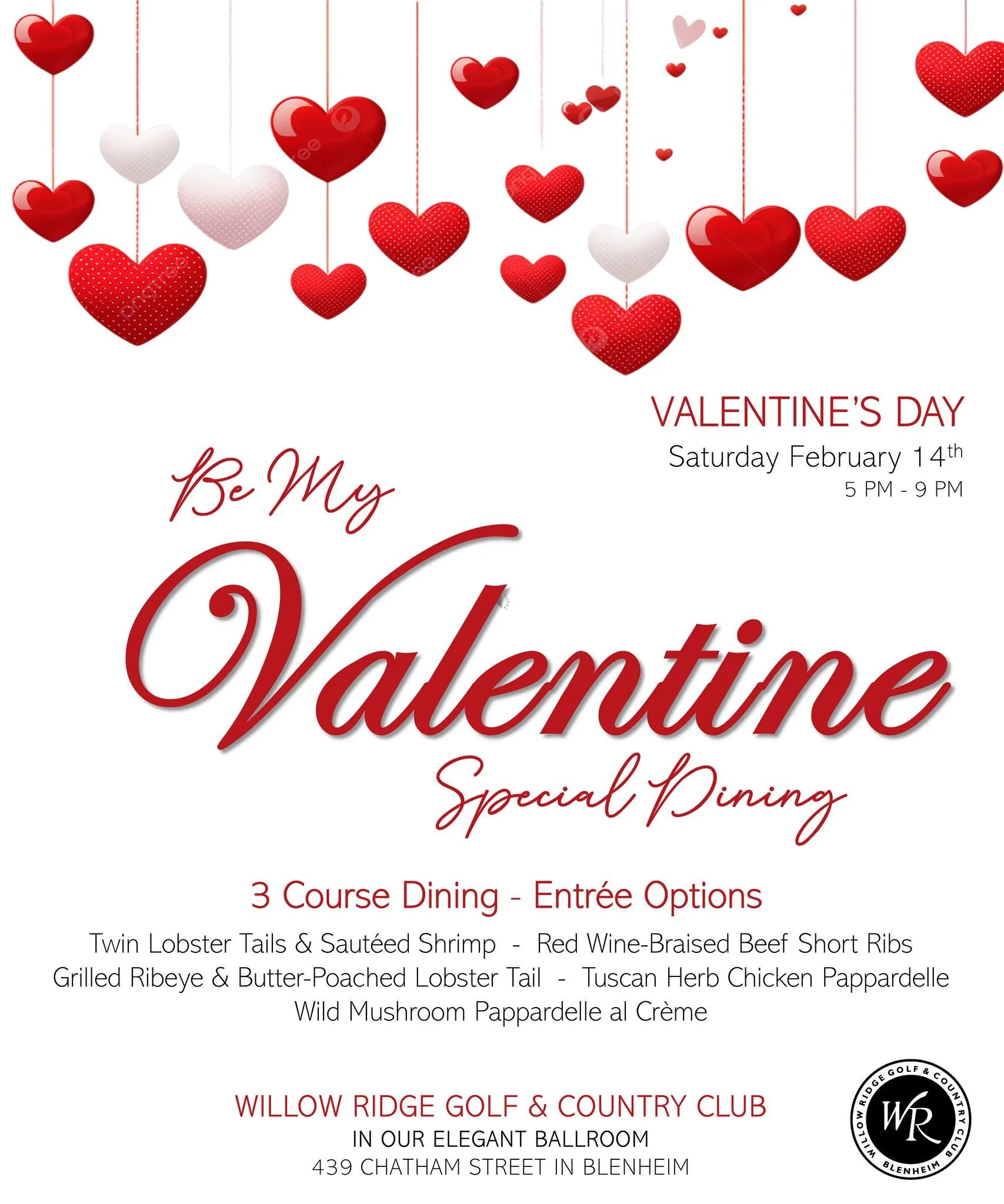❤️ LOVE IS IN THE AIR! ❤️
Celebrate love with an unforgettable evening of fine dining and romance this Valentine&rsquo;s Day at Willow Ridge Golf &amp; Country Club 

📅 February 14, 2026
📍 Willow Ridge Golf &amp; Country Club: 439 Chatham Street So