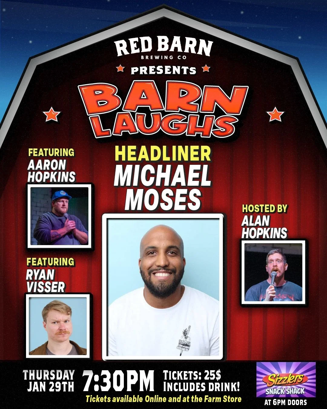 📢RED BARN: Barn Laughs January! Its time to laugh in 2026!

📅 Date: January 29, 2026
📍 Location: Boatworks Social House - 104 Talbot Steet West, Blenheim, ON
⏰ Time: 6pm doors, 7:30pm show 

Come see some of Canada's best comics right here in Blen
