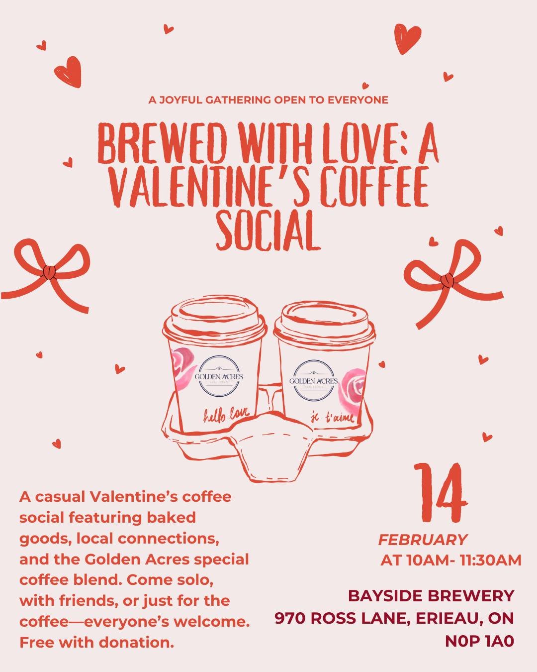 EVENT☕💘 Brewed With Love is calling&mdash;and yes, you&rsquo;re invited.
Skip the pressure, keep the coffee. Join us for a laid-back Valentine&rsquo;s Coffee Social filled with baked goods, good conversation, local connections, and the Golden Acres 