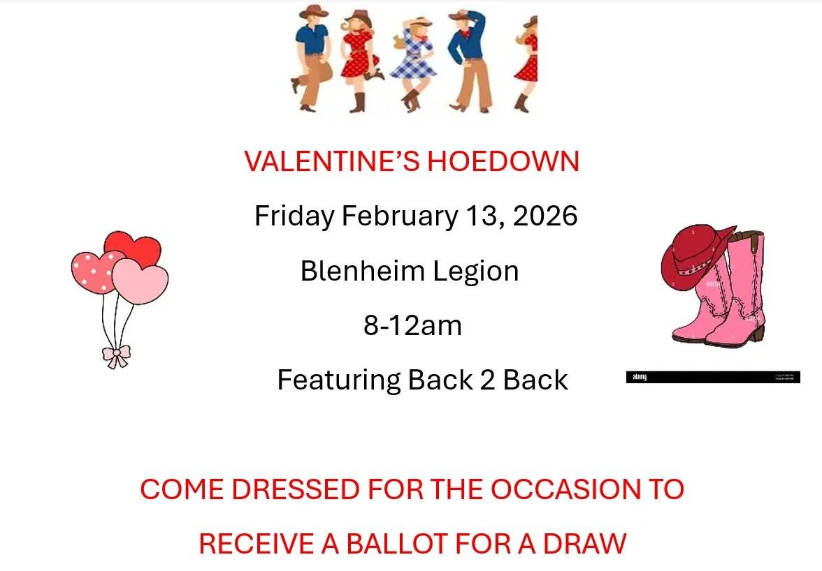 EVENT: Valentine's Hoedown

📅 Date: February 13, 2026
📍 Location: Blenheim Legion
⏰ Time: 8:00 AM to Noon

Blenheim Legion