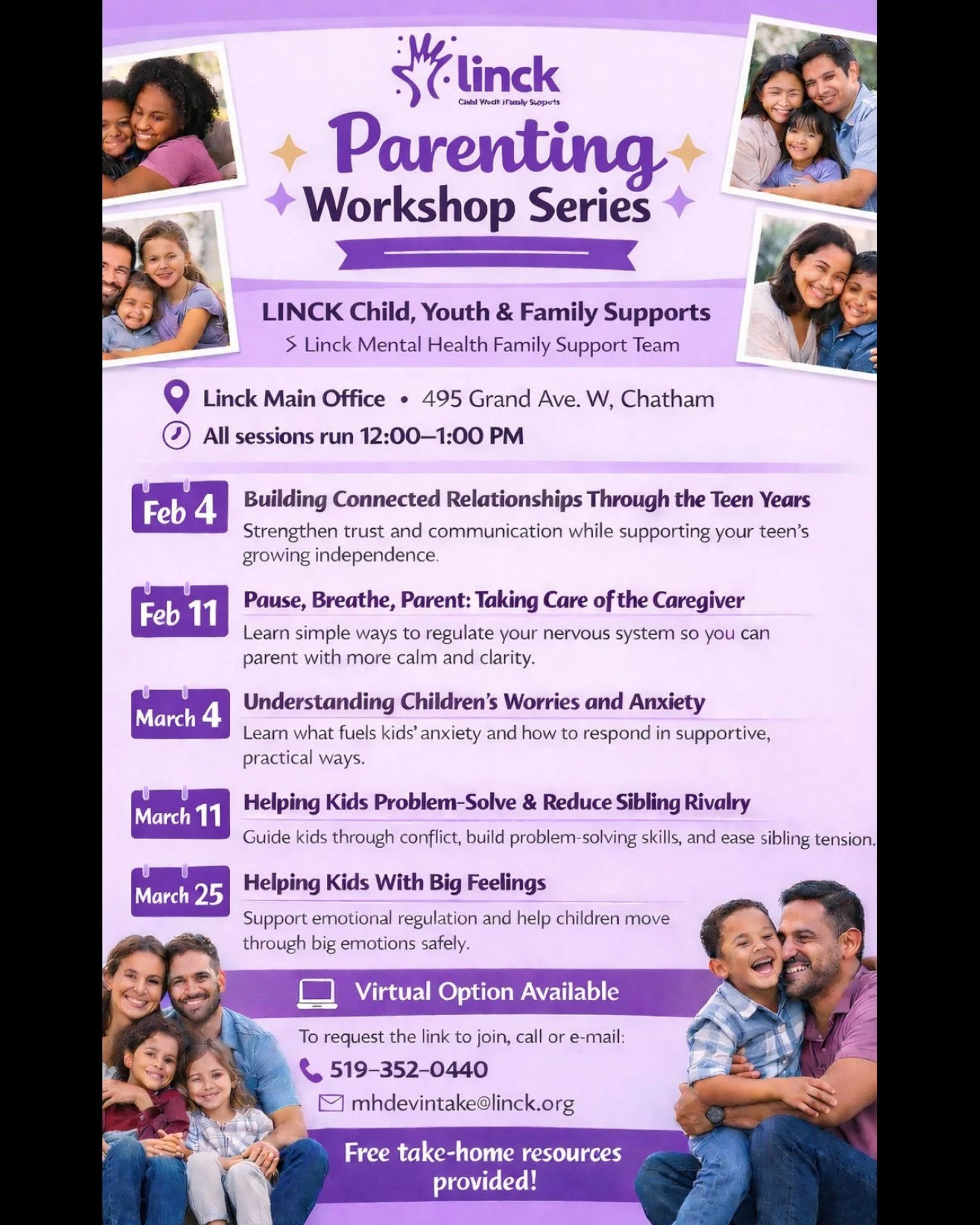 FREE Parenting Workshop Series by Linck 
This series offers a supportive space for caregivers to learn practical tools, share experiences, and strengthen connection with their children. Available to join in-person or by webinar. 

Register
Contact 51