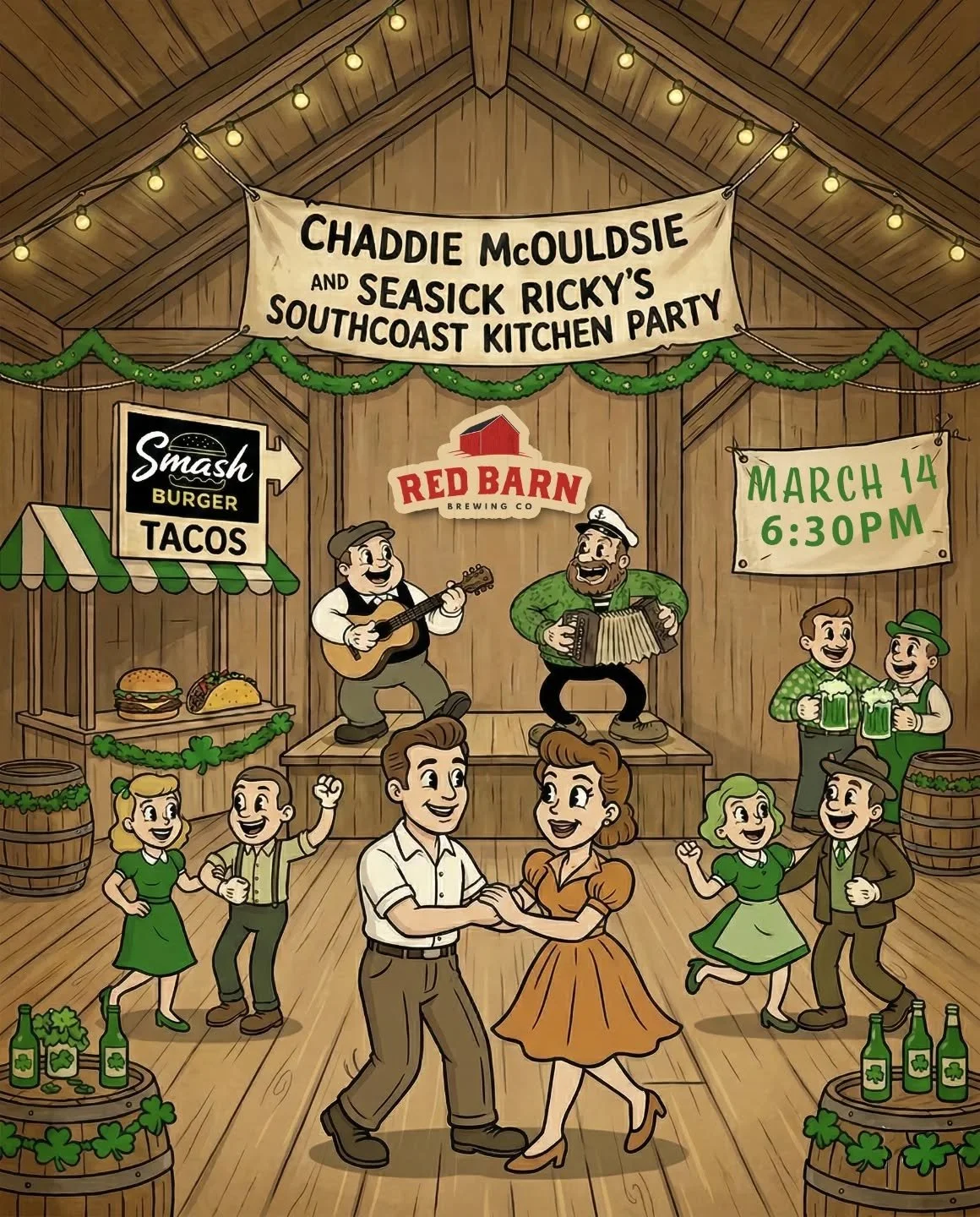 🍀🎶 CHADDIE McOULDSIE &amp; SEASICK RICKY&rsquo;S SOUTHCOAST KITCHEN PARTY 🎶🍀

📅 March 14, 2026
📍 Red Barn Brewing - 20466 Lagoon Rd, Blenheim
⏰ Time: 6:30 pm to close

Join the crew at the Barn as they it into a full-blown St. Paddy&rsquo;s kit