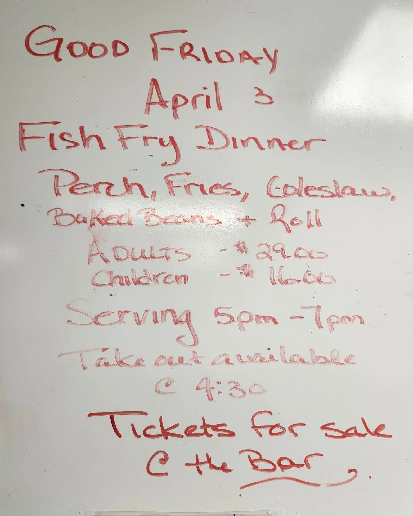 EVENT: Blenheim Legion Fish Fry

📅 Date: April 3, 2026 
📍 Location: Blenheim Legion - 34 Catherine St, Blenheim, ON N0P 1A0
⏰ Time: 5 pm to 7 pm (takeout available at 4:30 pm)
🎟️ Adults: $29.00 - Children: $16.00

Perch, Fries, Coleslaw, Baked Bea