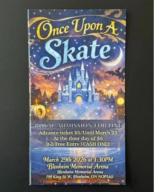 The Blenheim Skating Club (BSC)&rsquo;s 74th Annual Skating Carnival is just days away!!! 

📅 Date: March 29, 2026 
📍 Location: Blenheim Memorial Arena - 199 King St, Blenheim, ON N0P 1A0
⏰ Time: 1:30 pm
🎟️ Tickets: $8 at the door (Cash Only)

Any