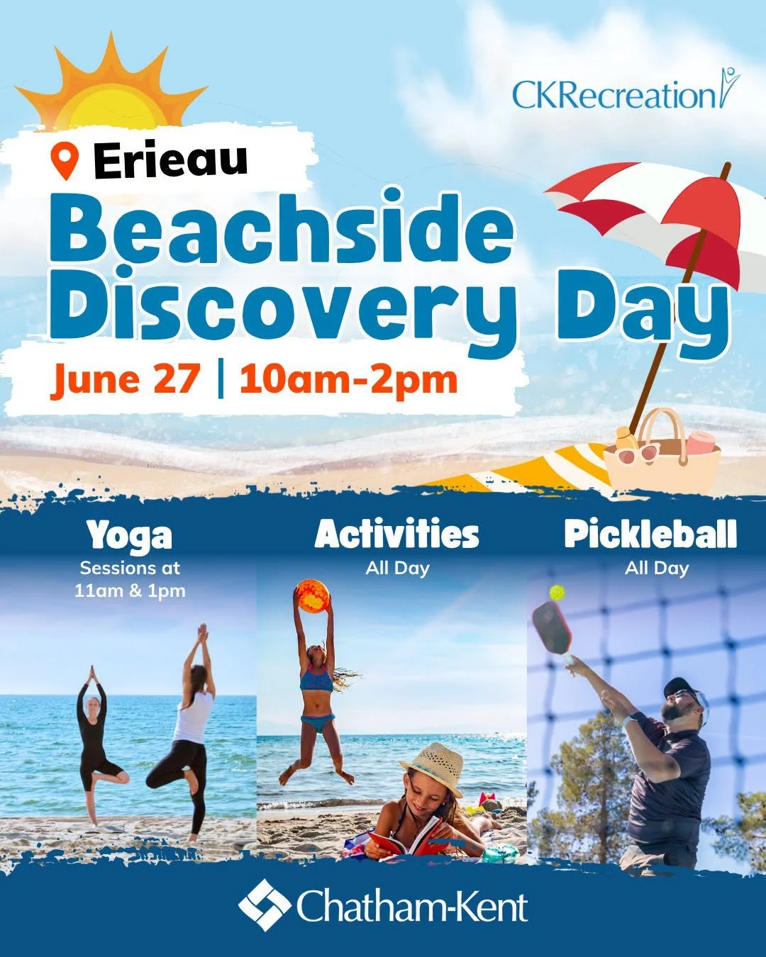 🏖️ Discover, Play &amp; Have Fun at the beach with CK Recreation in Erieau!

📅 Date: June 27, 2026
📍 Location: Erieau Beach, Ontario
⏰ Time: 10 am to 2 pm

Spend the day having fun with the CK Recreation Team and other great groups at the Beachsid