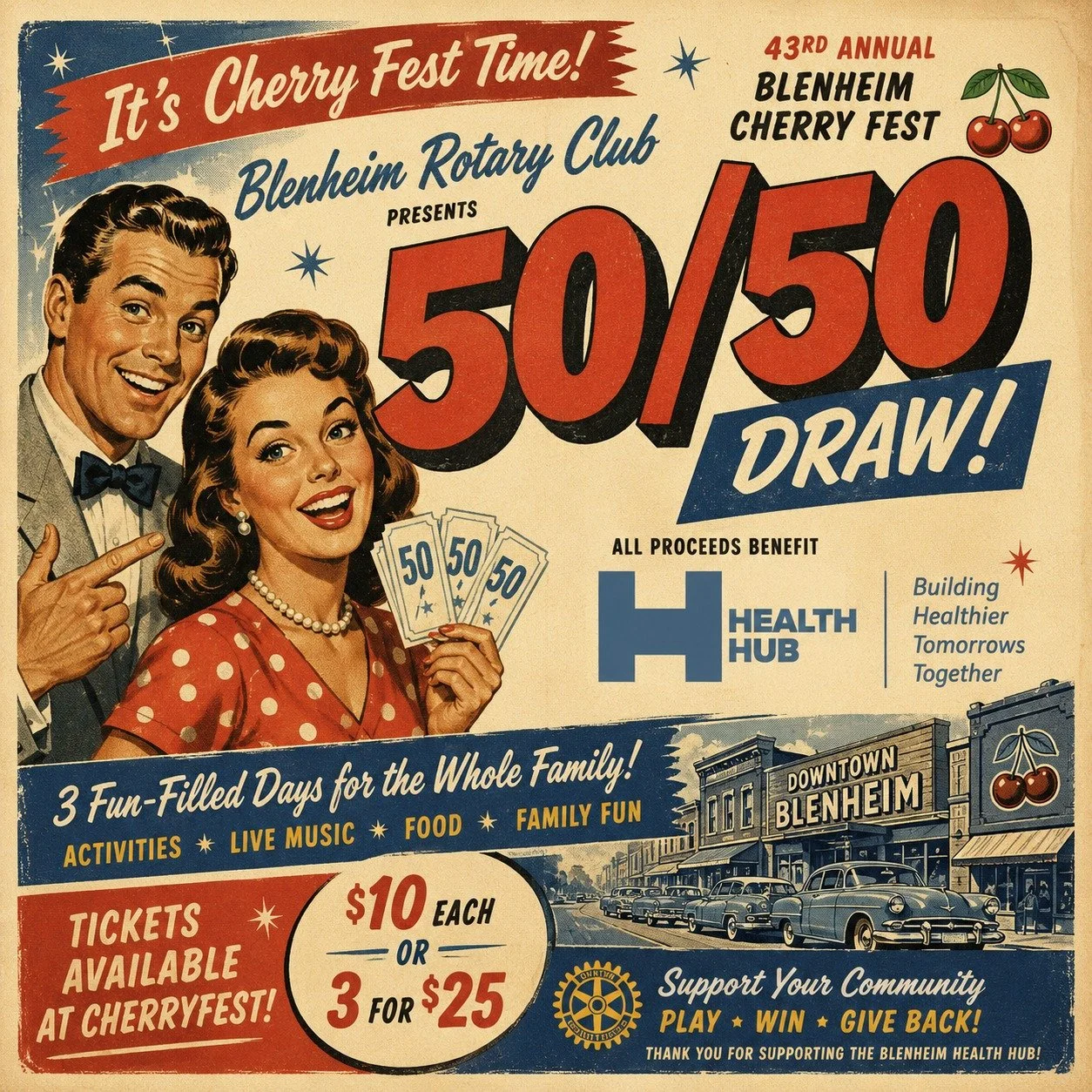 🍒🎟️ WIN BIG WHILE SUPPORTING LOCAL HEALTH CARE! 🎟️🍒

While you're enjoying all the fun at Blenheim Cherryfest, don't forget to stop by the Blenheim Rotary Club 50/50 Draw!

Every ticket purchased helps support the Blenheim Health Hub, making a re