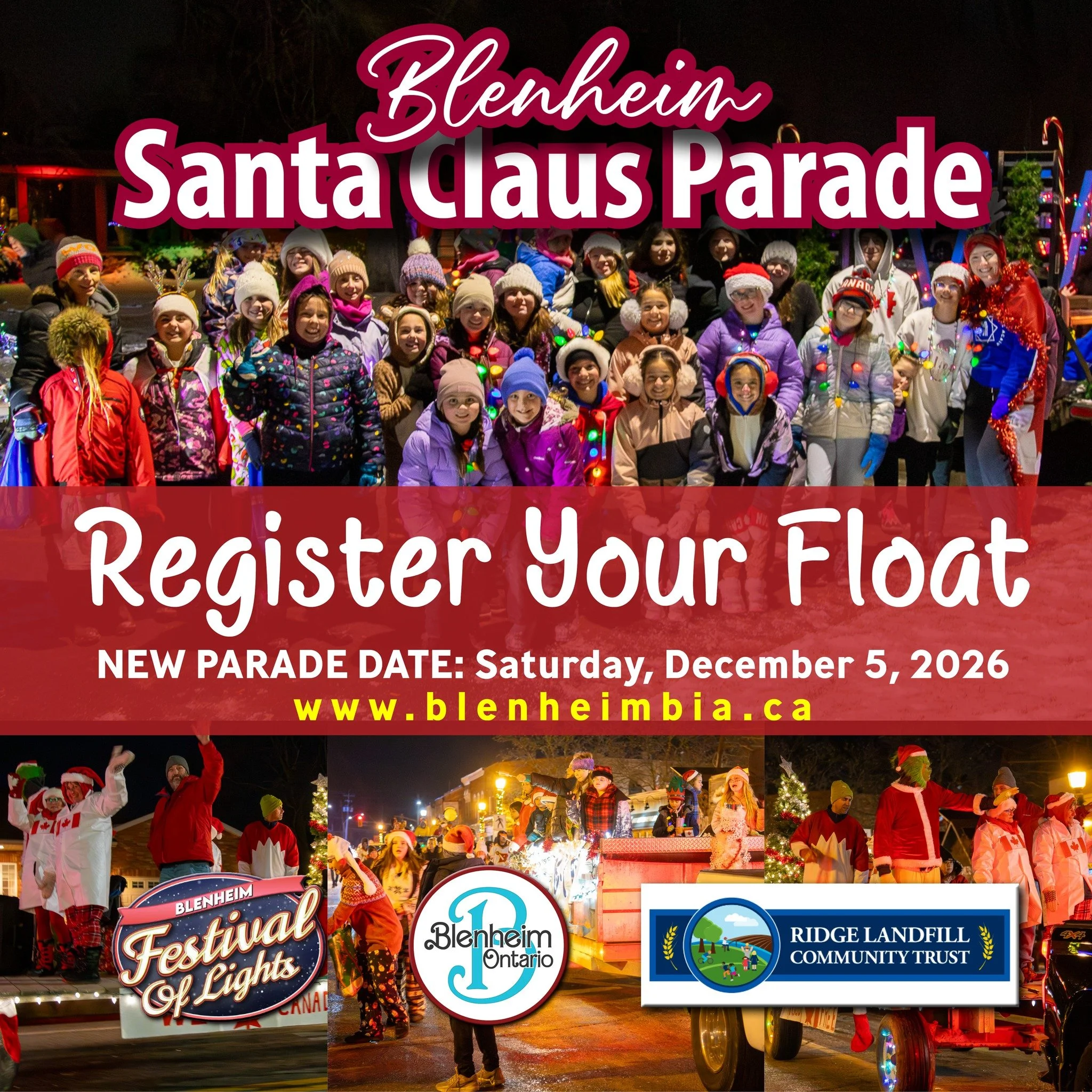 Blenheim Santa Clause Parade: Float Registration Now Available! 
Register your float for free with the Blenheim Parade and make sure you can be a part of this amazing local community event. 

🔗 https://www.blenheimbia.ca/santa-clause-parade 

📅 Dat