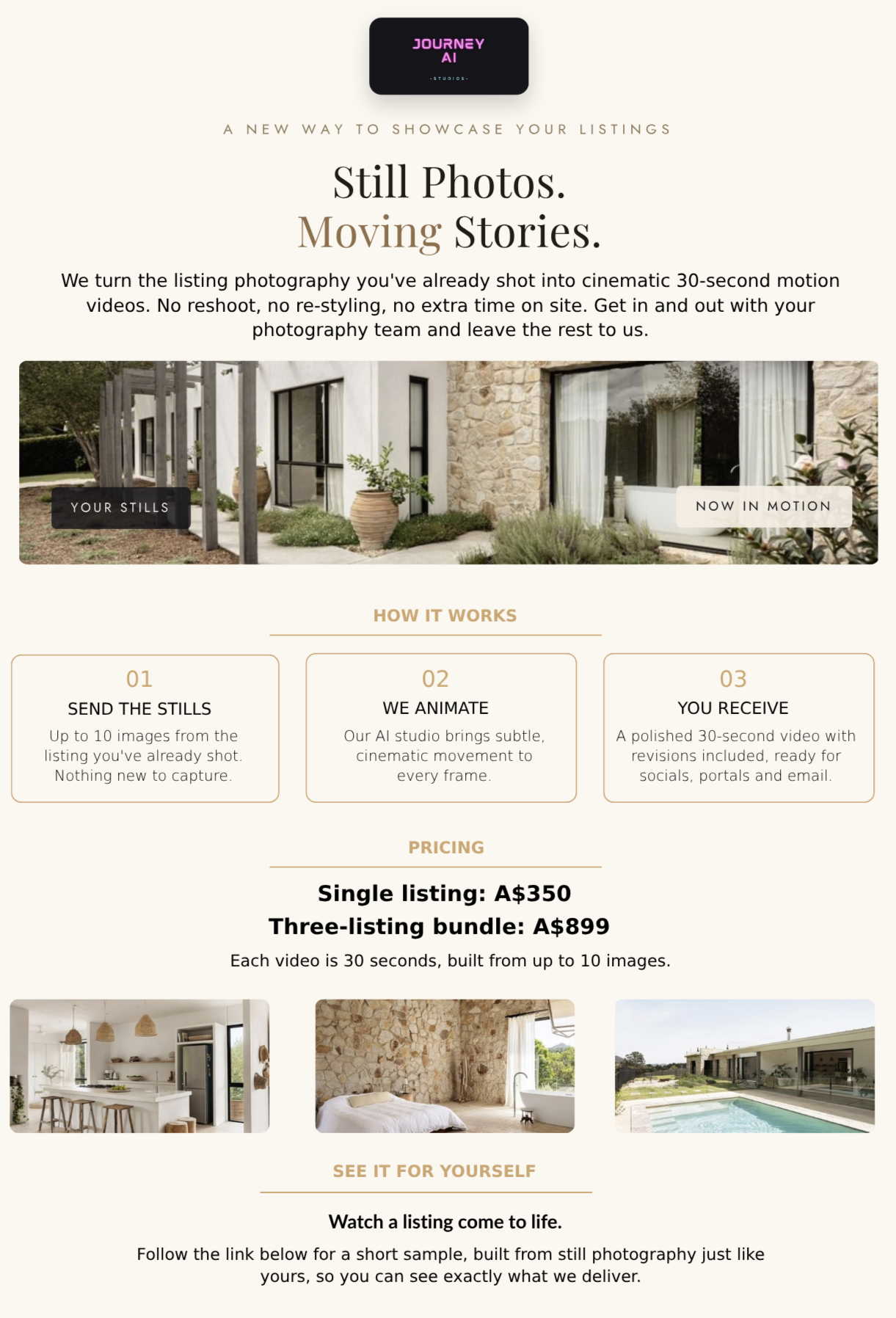 Website homepage for Journey AI Studios offering a photography service that turns listing photos into cinematic 30-second videos with AI animation, pricing details, and sample images of interior and exterior spaces.