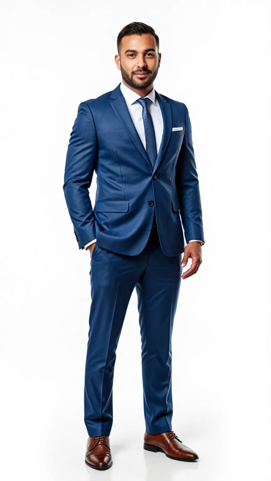 A man dressed in a blue suit, white shirt, and tie, standing confidently with one hand in his pocket, against a plain white background.