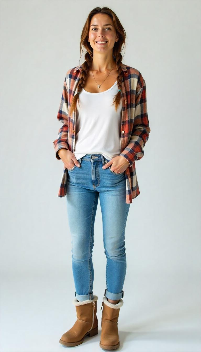 A woman with long braided hair smiling, wearing a plaid shirt layered over a white t-shirt, light blue jeans, and tan winter boots, standing against a plain light background.